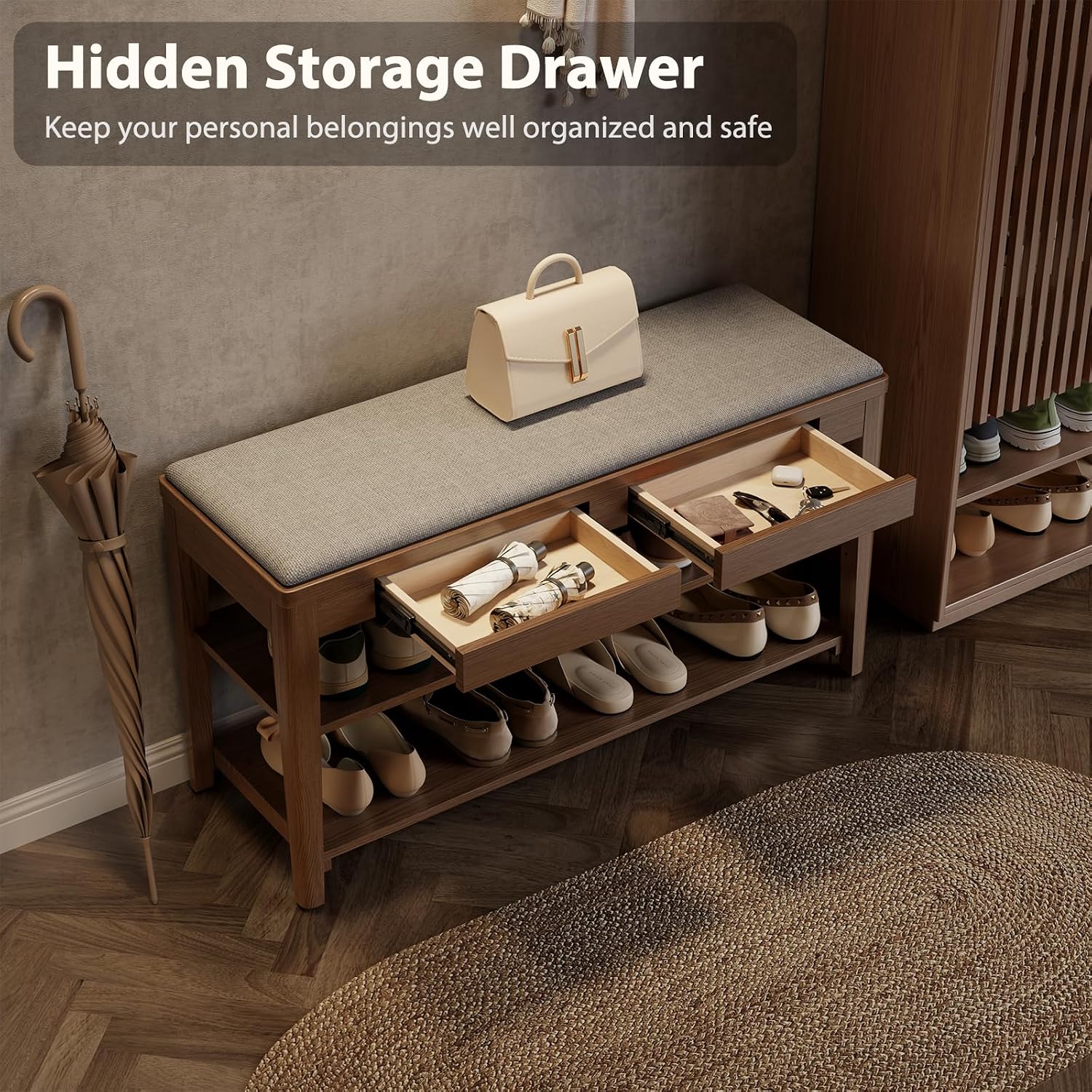 Shoe Bench with Storage, Wooden Shoe Storage Bench with Cushion&Hidden Drawer, 2-Tier Shoe Rack Bench for Entryway, Mudroom, Hallway