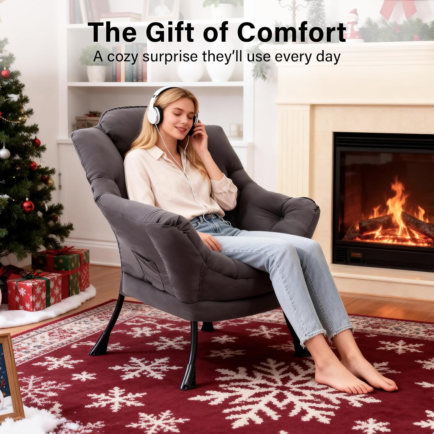 MBOOYOME Lazy Chair, Modern Accent Chair with Armrests, Side Pocket & Metal Frame, Comfy Leisure Chair for Living Room, Bedroom, Dorm & Office, Dark Grey