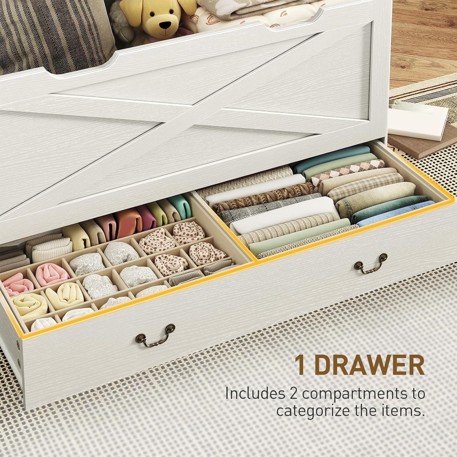 RALGEND Toy Chest, 39.4" Storage Chest with Drawer and Pull Handles, Wooden Storage Bench with Lift Top, Storage Trunk for Living Room, Bedroom, Entrance, White and Walnut
