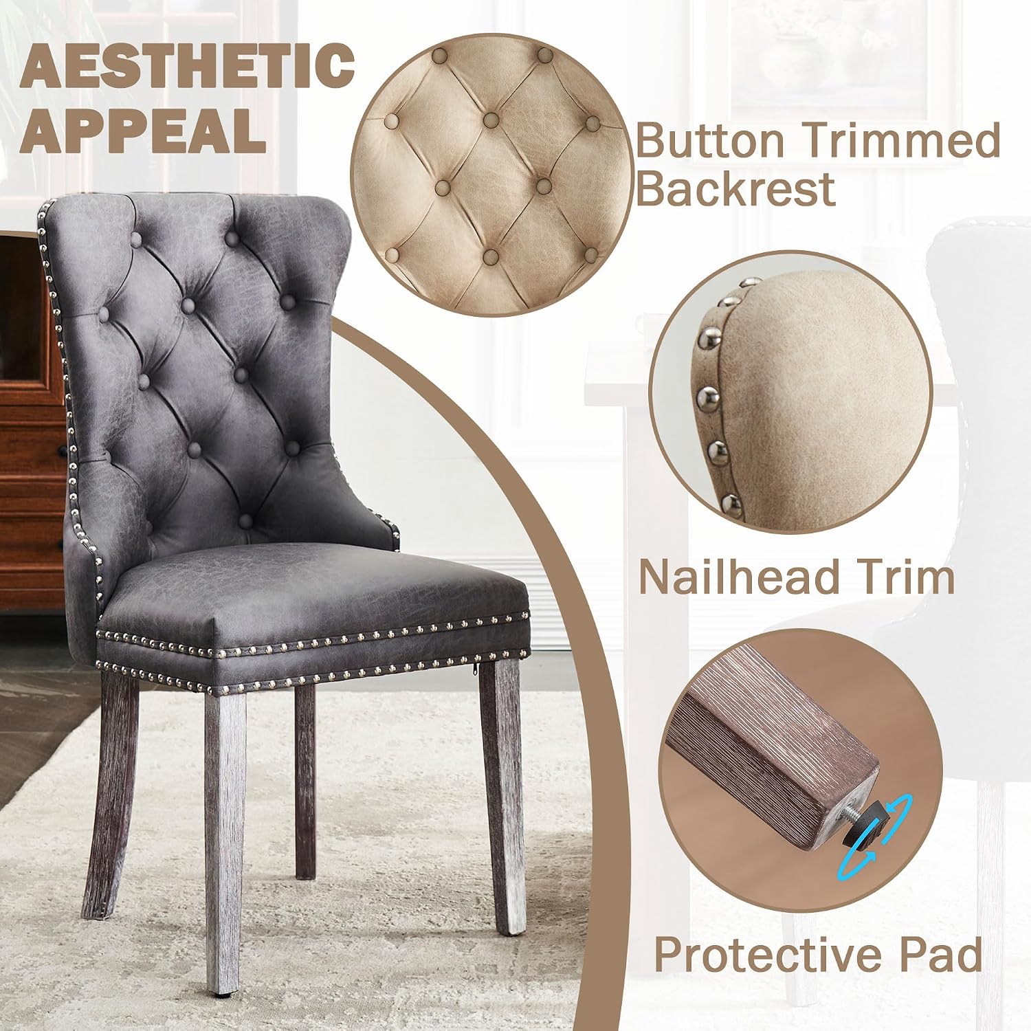 Leather Dining Chairs Set of 4, Mid Century Modern Dining Chairs with Nailhead and Metal Pull Ring, Upholstered Dining Room Chairs for Living Room, Bedroom, Kitchen (Grey)