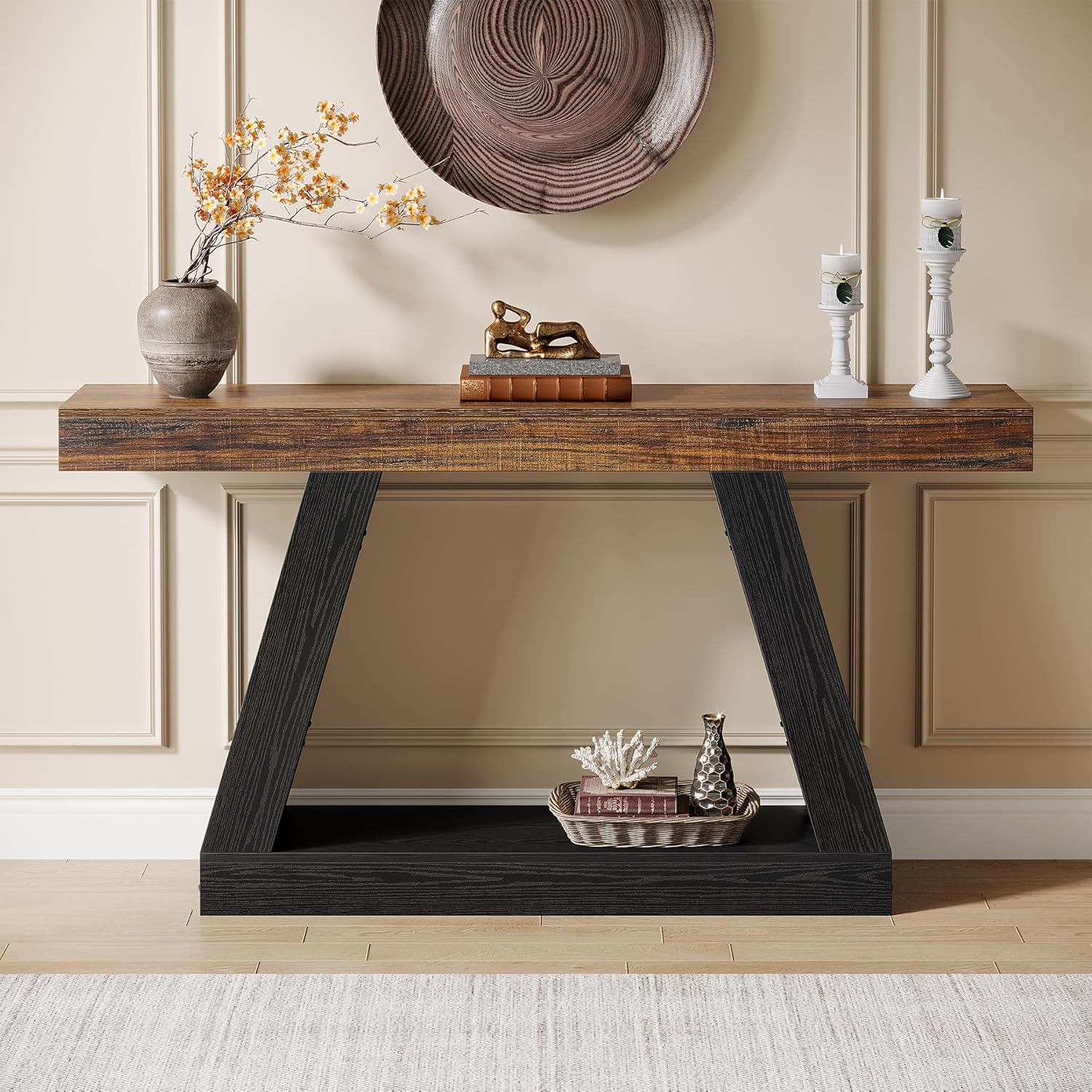 Tribesigns Farmhouse Console Table, 55-Inch Rustic Sofa Table with Storage, Industrial Wooden Entryway Table for Hallway, Living Room, Black & Brown