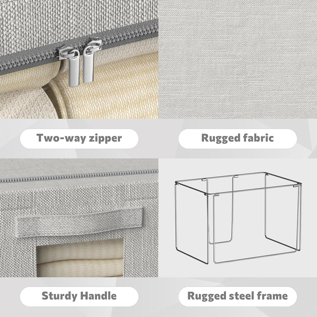 FHSQX 2 Pack Clear Window Storage Bins - Large Stackable Linen Fabric Storage for Clothes Foldable Container Organizer Set with Carrying Handles (Light Gray, 15.7x 11.8x 9.8Inch)