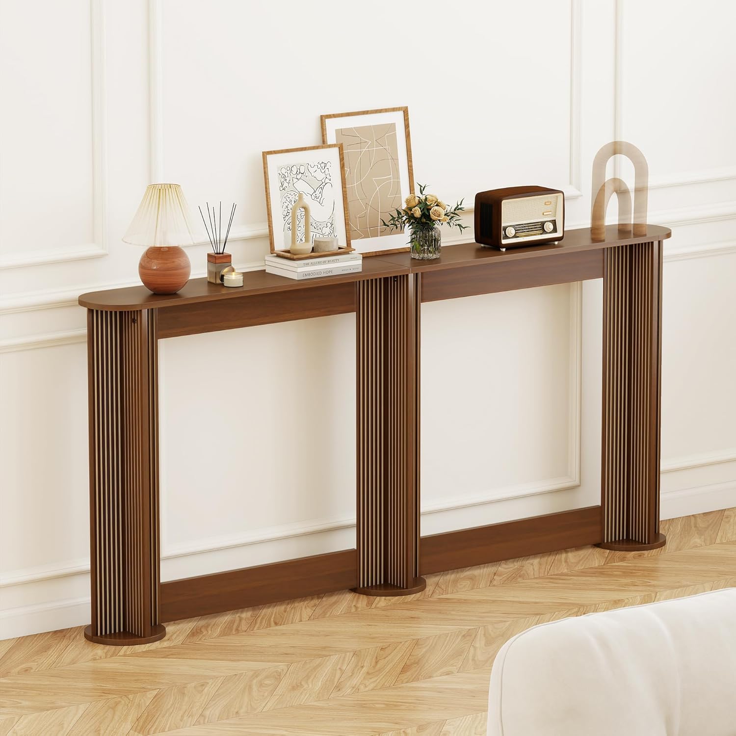 71 Inch Narrow Console Table Behind Couch, Mid-Century Modern Fluted Skinny Entryway Table, Long Slim Sofa Table for Hallway, Living Room, Wood, Brown, Walnut