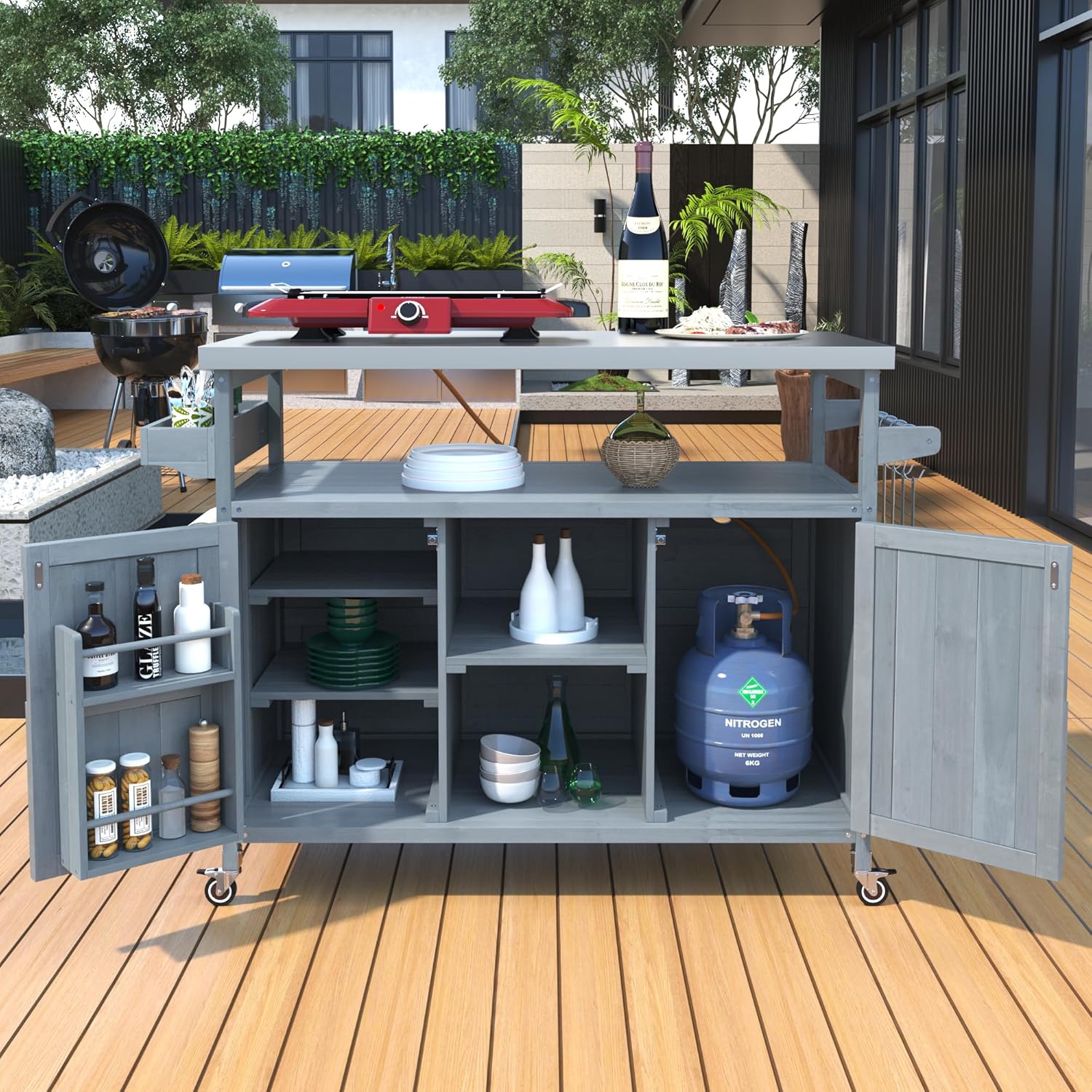 Outdoor Grill Cart with Storage, Rolling Bar Cart and Lockable Wheels, Farmhouse Solid Wood Outdoor Grill Table with Stainless Steel Top, Spice Rack, Towel Rack for Kitchen and BBQ, Grey Blue