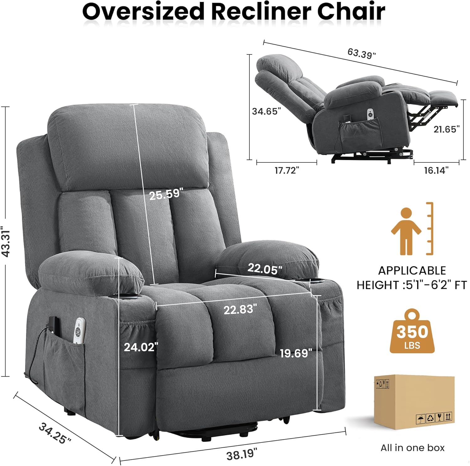 Power Lift Recliner Chair with Heat and Massage | Electric Recliner Sofa, Side Pocket & USB Charge Port, Grey Recliner Chairs for Adults, Easy Remote Control