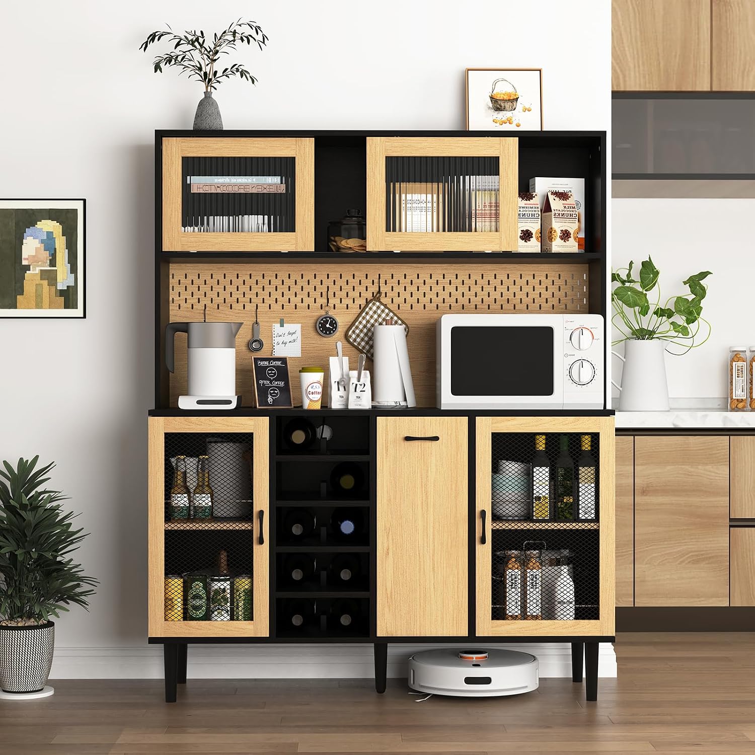 59" Freestanding Kitchen Sideboard, Buffet Sideboard with Wine Rack, Storage Doors and Electrical Outlets for Kitchen, Dining and Living Room, Black