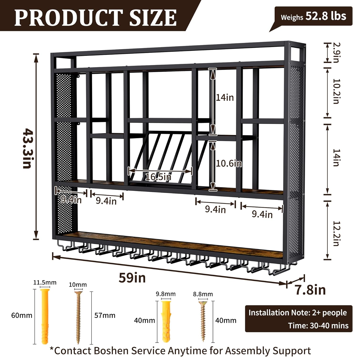 4-Tiers 59in Wine Rack Wall Mounted with LED Light, Floating Bar Shelves for Liquor Bottles, Metal Industrial Hanging Display Shelf for Home Kitchen Bar Cafe Wine Cellar Decoration