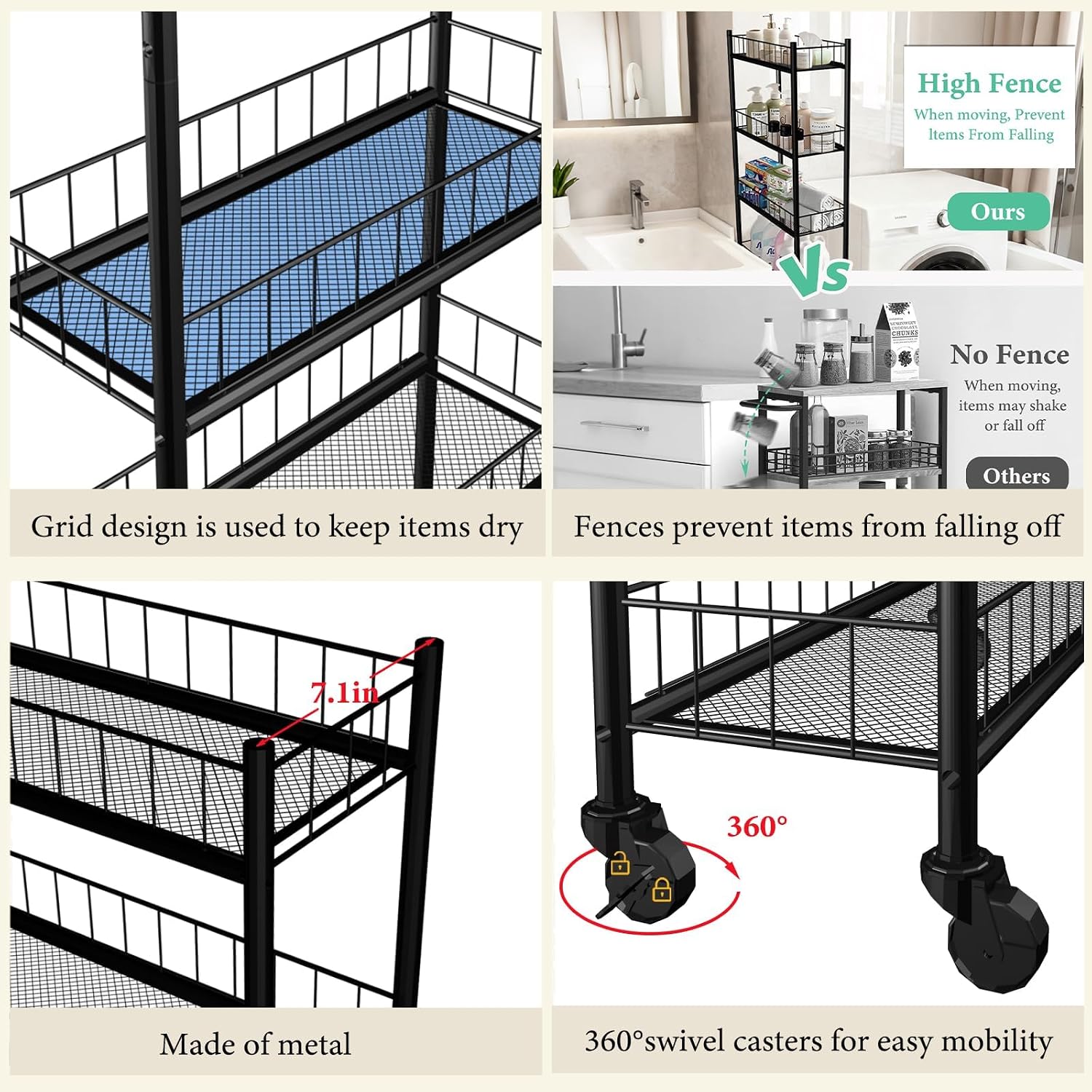Utility Slim Storage Cart 6 Tier Narrow Metal Frame Carts | 6 Tier Narrow Kitchen Storage Cart,Laundry Room Carts, for Kitchen,DiningRoom,Living Room,Home Office,Classic Black