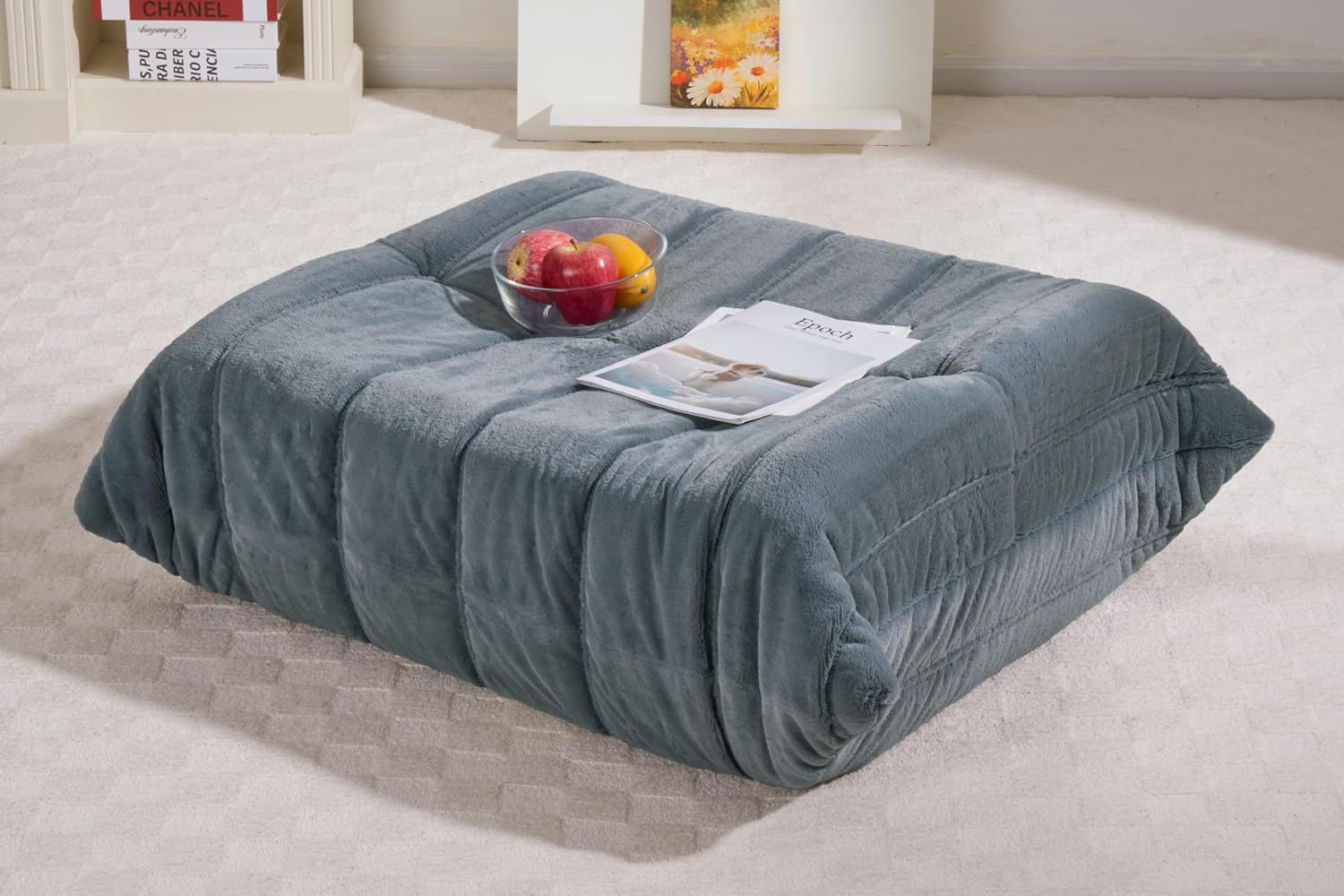 Bean Bag Pouf Ottoman, Foot Stool, Foot Rest with Memory Foam Filled, Rectangle Ottoman for Living Room, Bedroom, Office (Grey Plush)