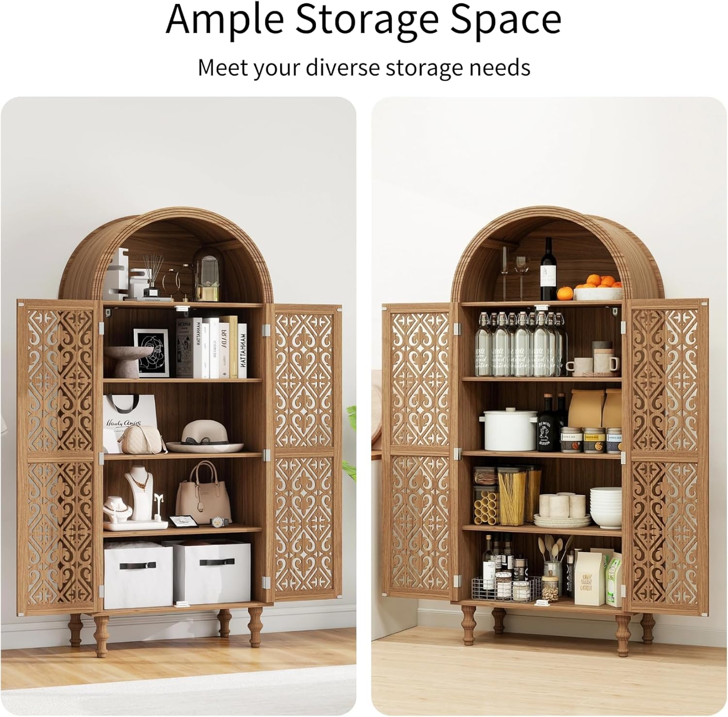 70" Tall Arched Kitchen Pantry with 5-Tier Storage Space, Boho Storage Cabinet with Hollow Carved Door, Modern Farmhouse Versatile Cupboard for Kitchen, Dining Room, Living Room, Walnut, 1 PCS