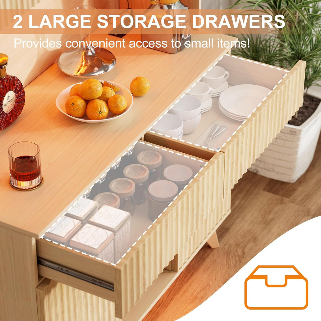 PAKASEPT 70" Fluted Kitchen Pantry Storage Cabinet with Charging Station and LED Light, Farmhouse Kitchen Hutch with Microwave Stand, Drawers and 9 Grid Wine Rack for Home, Dining Room, White