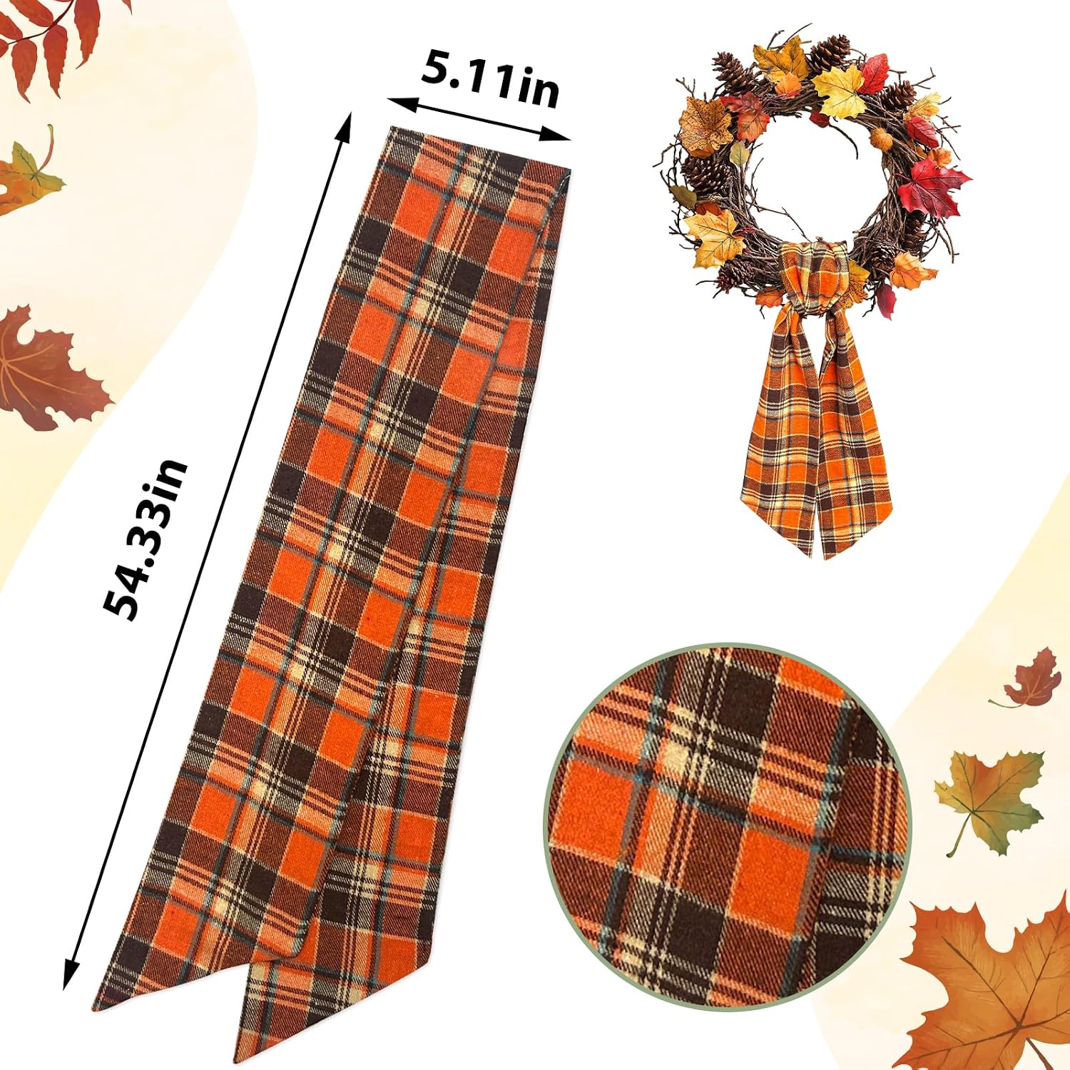Autumn Buffalo Plaid Cotton Wreath Sash for Front Door Fall Wreaths Satin Sash Burlap Garland Ribbon Accessories for Fall Wreath Yard Doorway Indoor Outdoor Bow Home Decor,5.1 x 54.3