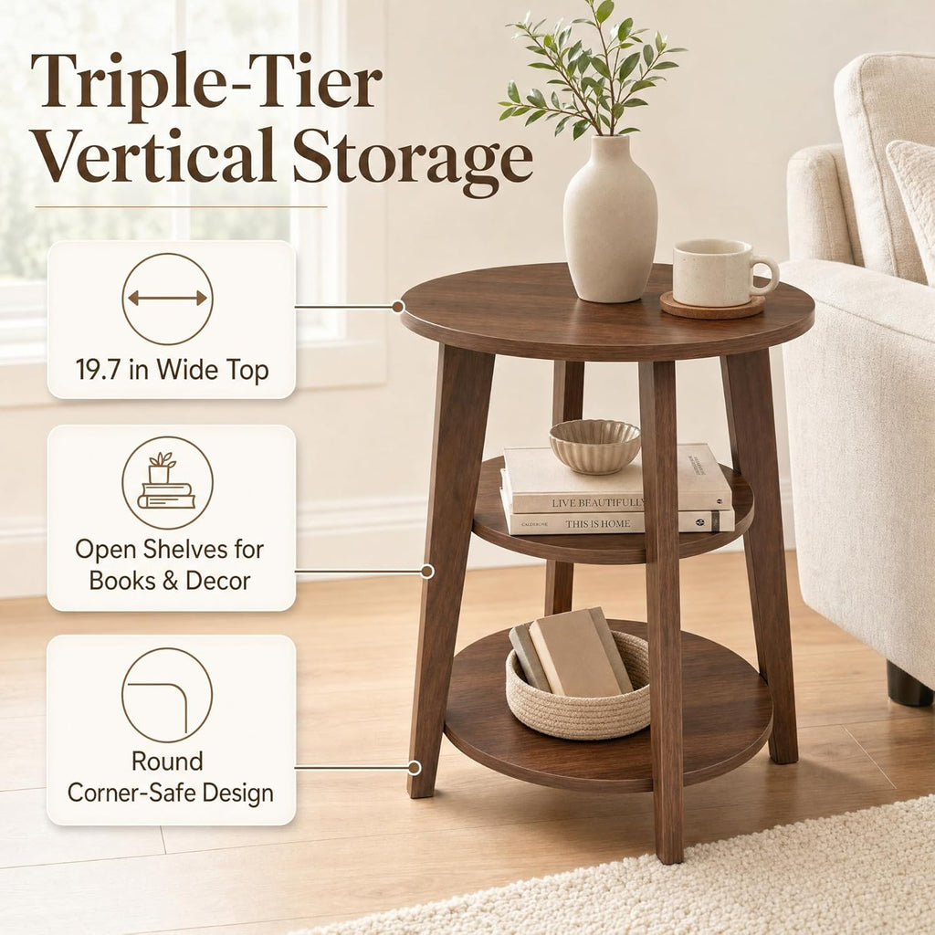 3-Tier Round Side Table,23.6" Tall End Table with Storage Shelves-Modern Nightstand,Wood Plant Stand for Living Room Bedroom Small Spaces Corner Display Rack Balcony Garden Patio(Walnut)