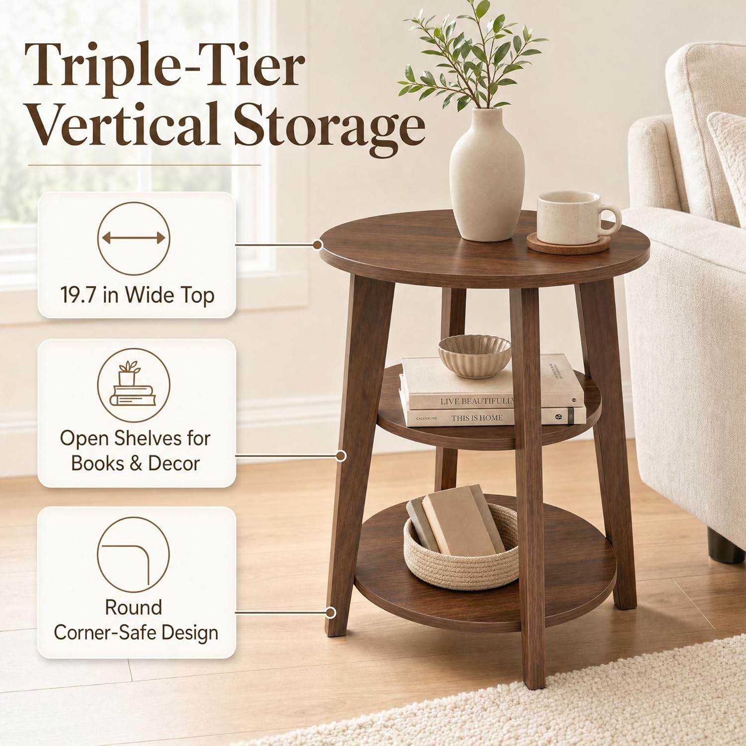 3-Tier Round Side Table,23.6" Tall End Table with Storage Shelves-Modern Nightstand,Wood Plant Stand for Living Room Bedroom Small Spaces Corner Display Rack Balcony Garden Patio(Walnut)
