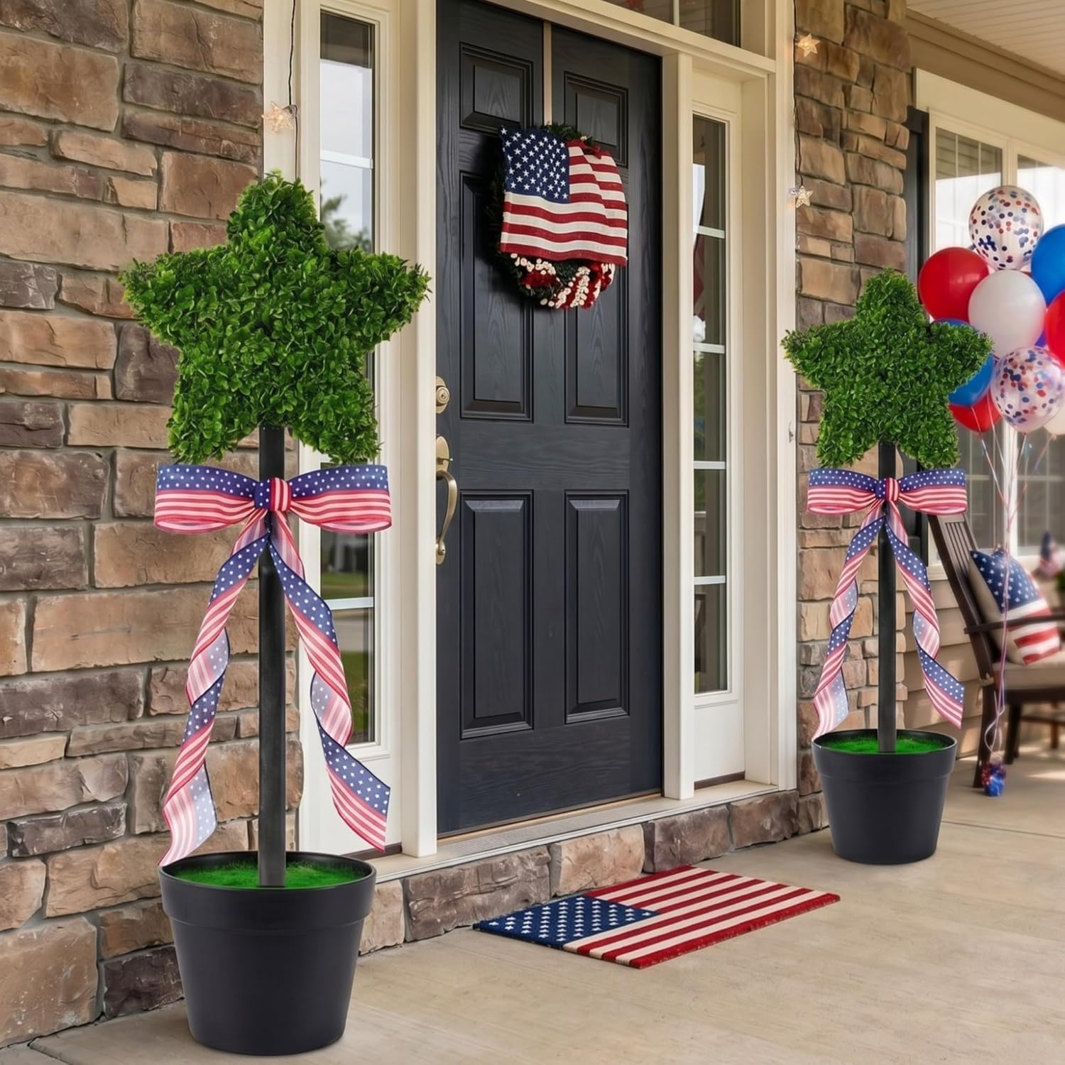2 Pack Patriotic Star Topiary Tree 21.6"-32.6'' Large Star Shaped Artificial Plant Decor for Indoor and Outdoor Patriotic 4th of July Memorial Day Garden Porch Yard Decorations