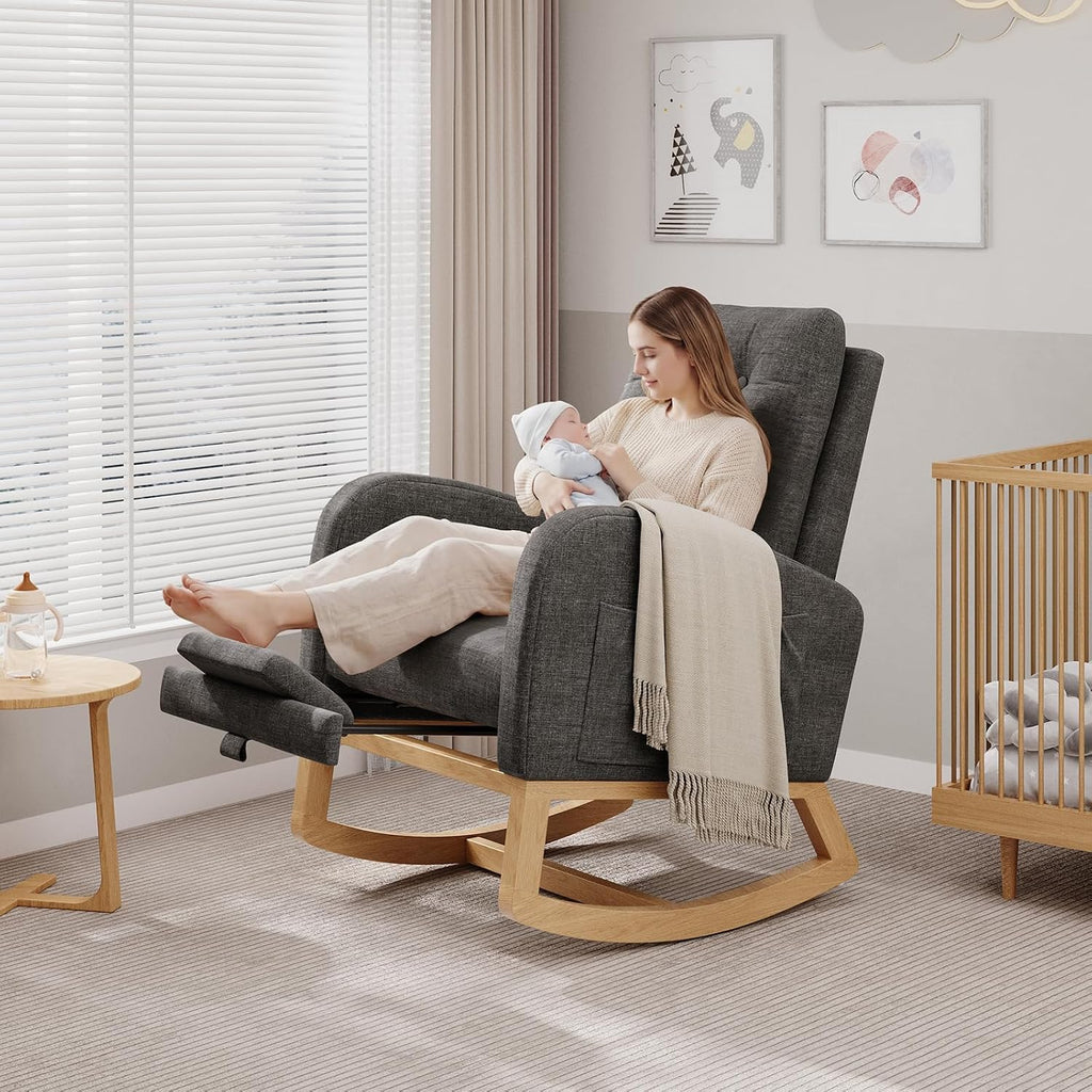 Garvee Modern Nursery Rocking Chair, Linen Upholstered Rocking Chair with Footrest, Comfortable Rocker Recliner with Side Pocket, Rocker Glider for Living Room, Bedroom, Nursing Room, Grey