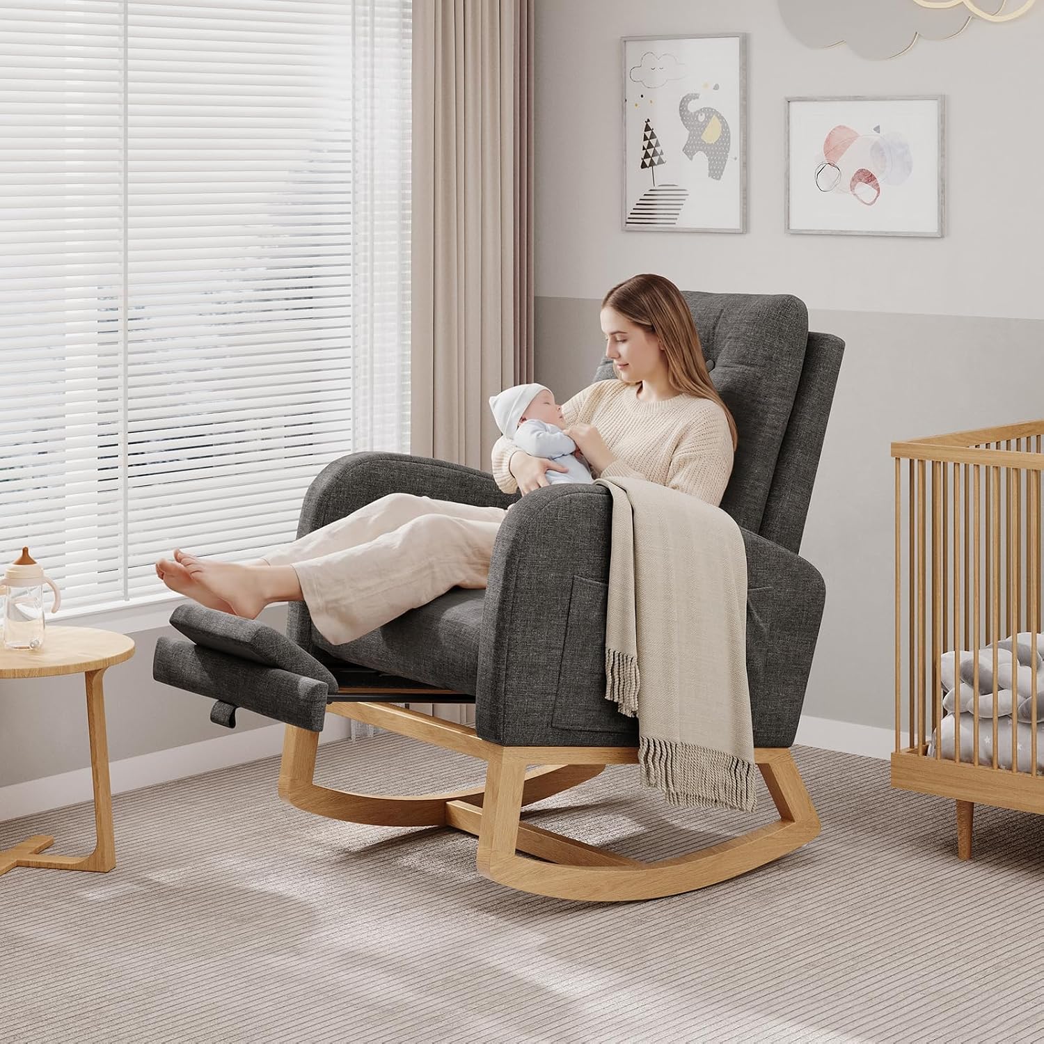 Garvee Modern Nursery Rocking Chair, Linen Upholstered Rocking Chair with Footrest, Comfortable Rocker Recliner with Side Pocket, Rocker Glider for Living Room, Bedroom, Nursing Room, Grey