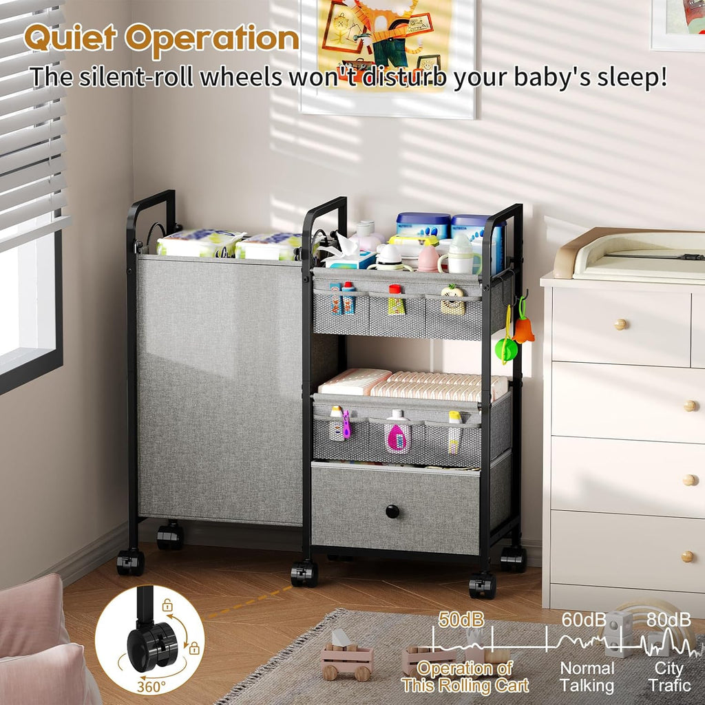 Cidaziya 2In1 Baby Diaper Caddy Organizer with Laundry Hamper, 3 Tier Rolling Cart with Dividers and Drawers, Upgrade Diaper Cart Utility Cart Clothes Organizer for Baby Essentials, New Mom, Nursery