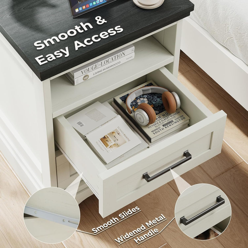 DUMOS Farmhouse Nightstand with Charging Station & USB Ports, Wood Bedside Table with 2 Spacious Storage Drawers and Open Shelf, Minimalist Modern End Table for Bedroom, White