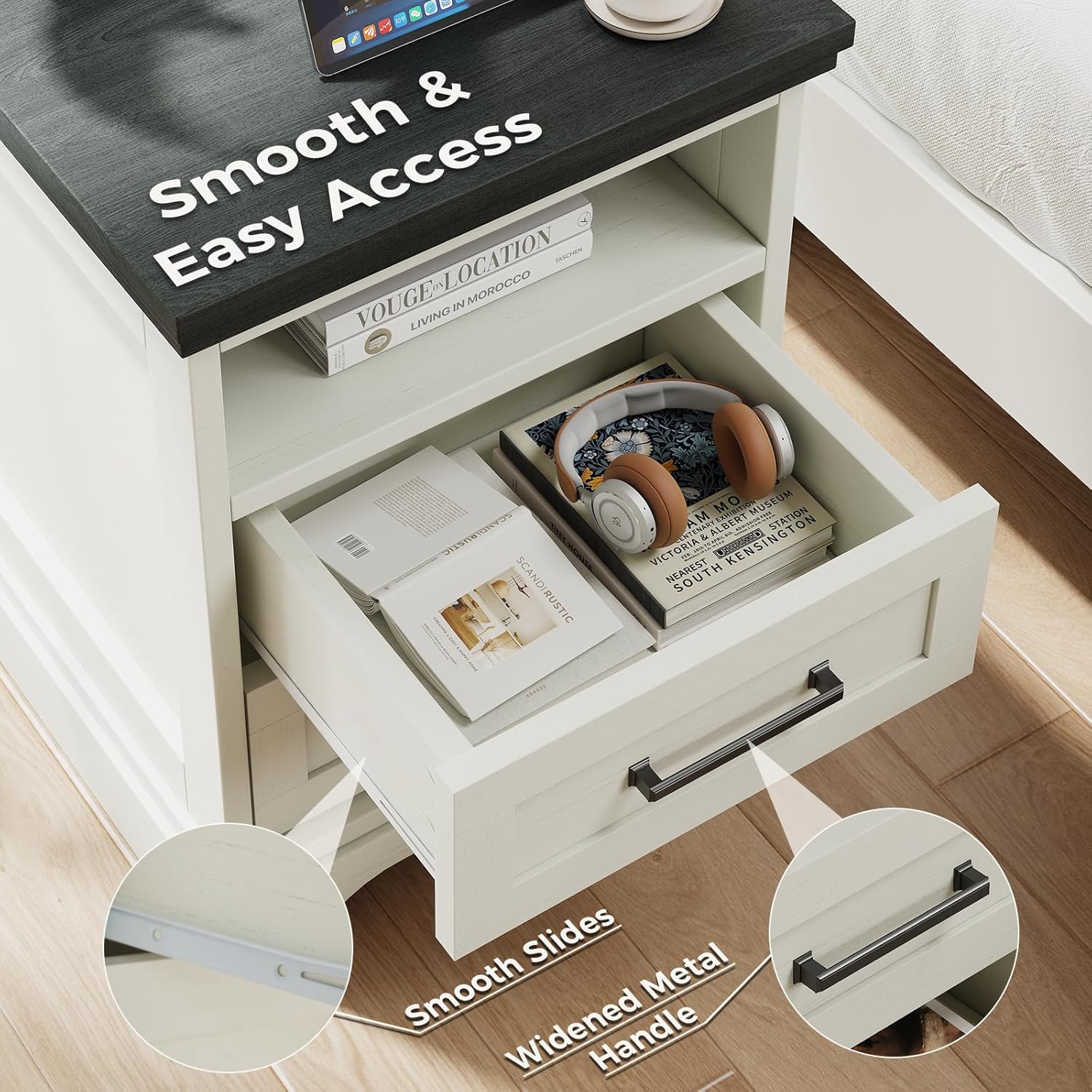 DUMOS Farmhouse Nightstand with Charging Station & USB Ports, Wood Bedside Table with 2 Spacious Storage Drawers and Open Shelf, Minimalist Modern End Table for Bedroom, White