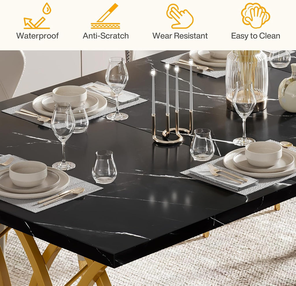 Tribesigns Modern Dining Table, 63" Large Kitchen Table for 4-6 People, Unique Rectangular Dinner Table Kitchen & Dining Room Furniture with Black Faux Marble Tabletop and Geometric Legs