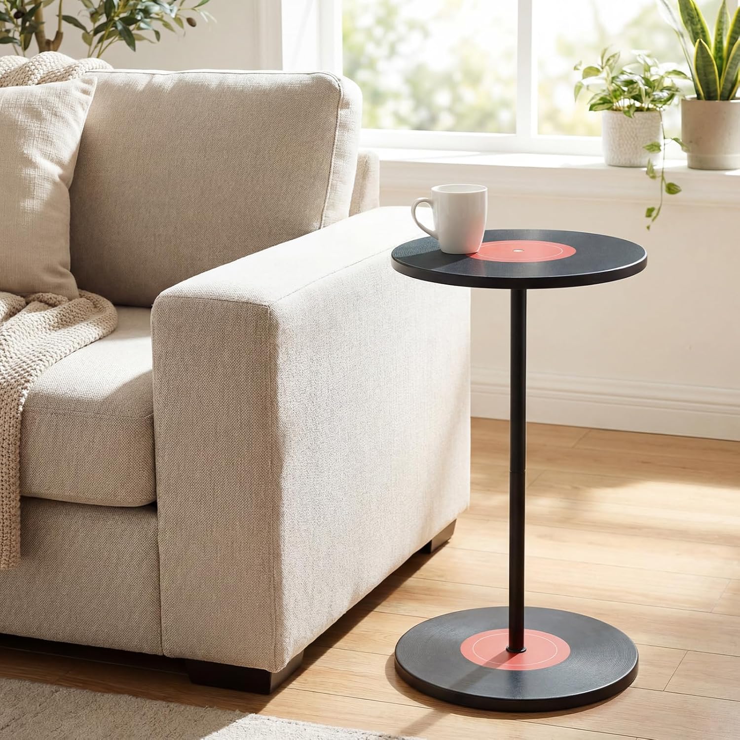 Weysat Vinyl Records Side Table Record Decoration for Indie Hippie Room Decor Small Round End Drink Table with Pedestal Modern Hippie Decor for Home Music Room Party Aesthetic Decoration 14x25.6 Inch