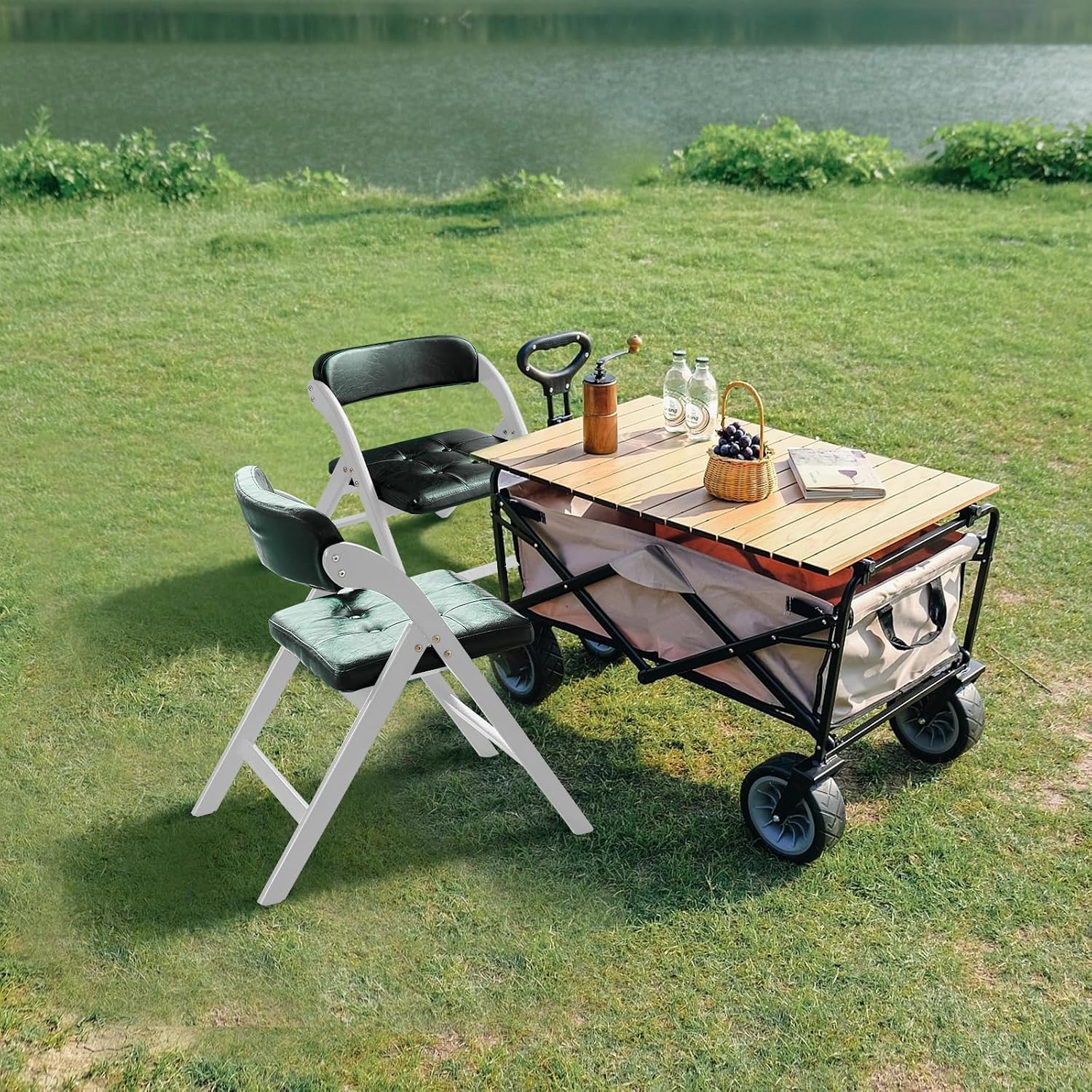 Wooden Folding Chairs Set of 2, Modern Folding Chairs with Padded Seats, Folding Dining Chairs, Padded Folding Chair for Party Chairs, Weddings, WhiteGreen