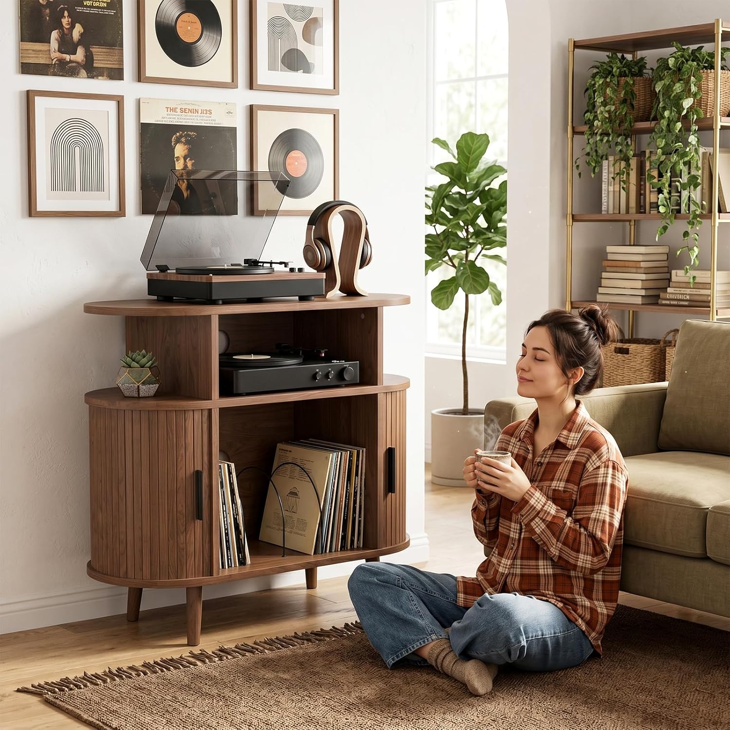 35" Record Player Stand with Storage and Shelves, Vinyl Record Cabinet with Power Outlets, Mid-Century Modern Record Table，Storage Furniture for Living Room and Bedroom,Walnut