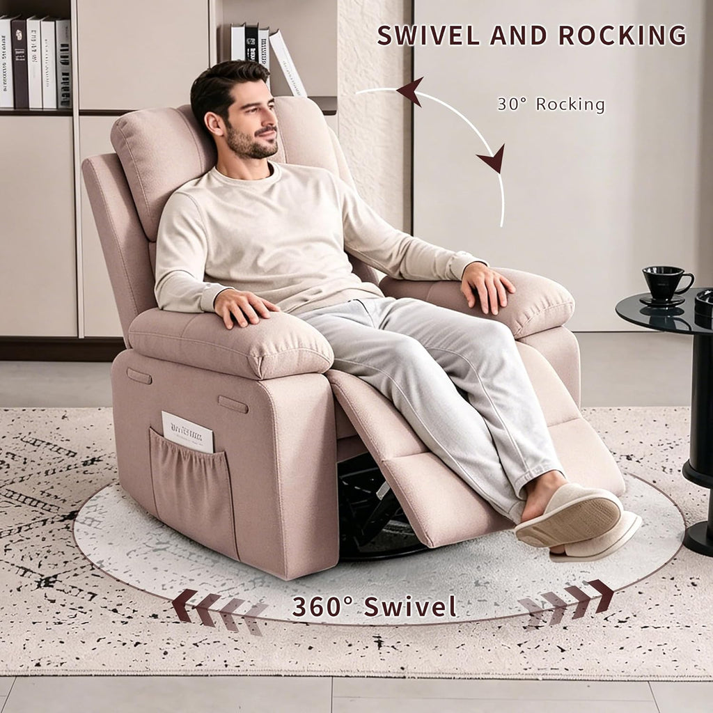 Recliner Chair for Adults, 360°Swivel Rocker Chair for Living Room, Upholstered Manual Recliner with Chenille Fabric, Nursery Rocking Chair for Bedroom, Apartment (Khaki)