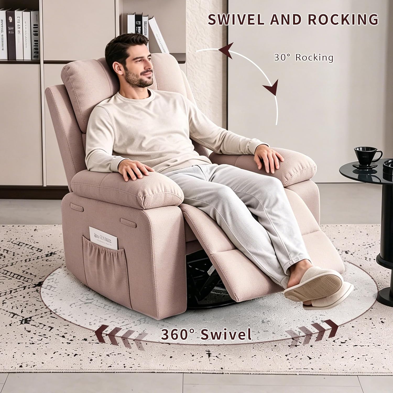 Recliner Chair for Adults, 360°Swivel Rocker Chair for Living Room, Upholstered Manual Recliner with Chenille Fabric, Nursery Rocking Chair for Bedroom, Apartment (Khaki)