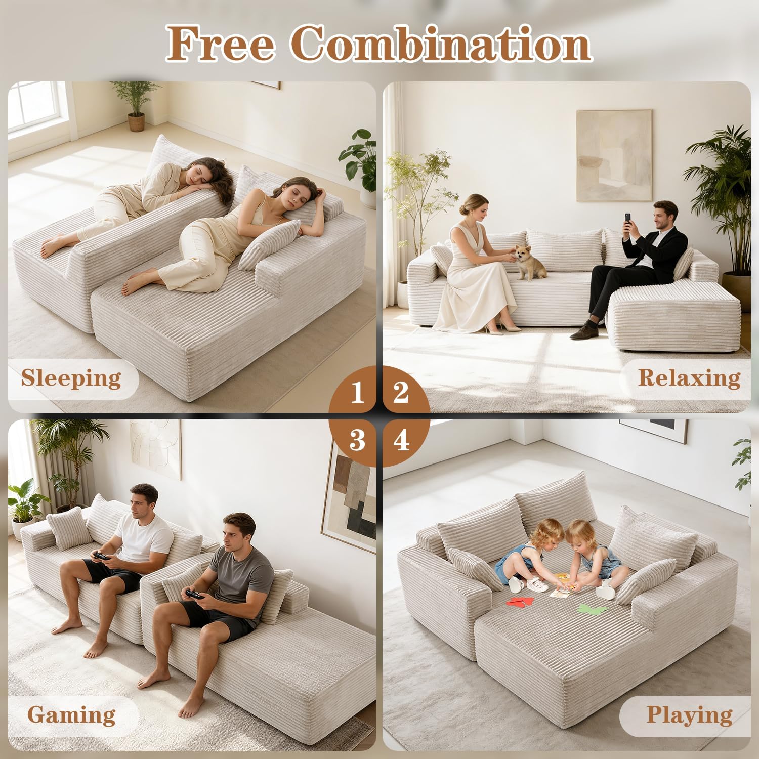 PARKOL 105" Cloud Sectional Couch with L-Shape Chaise,Modern Modular Sofa with Deep Seat, Upholstered Couches for Living Room Bedroom,No Assembly Required, Beige(Plush Corduroy Fabric)