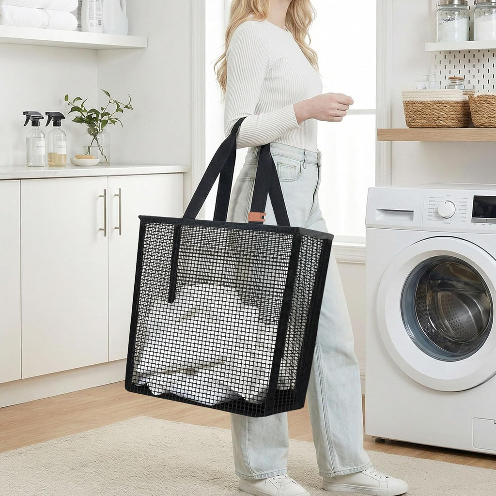 STORAGE MANIAC Collapsible Laundry Basket, 16.9 Gal. Large Pop-up Laundry Hamper with Long Carry Handles, Space-Saving Foldable Clothes Hamper with Bottom Elastic Band, Travel Laundry Bags, Mesh Black