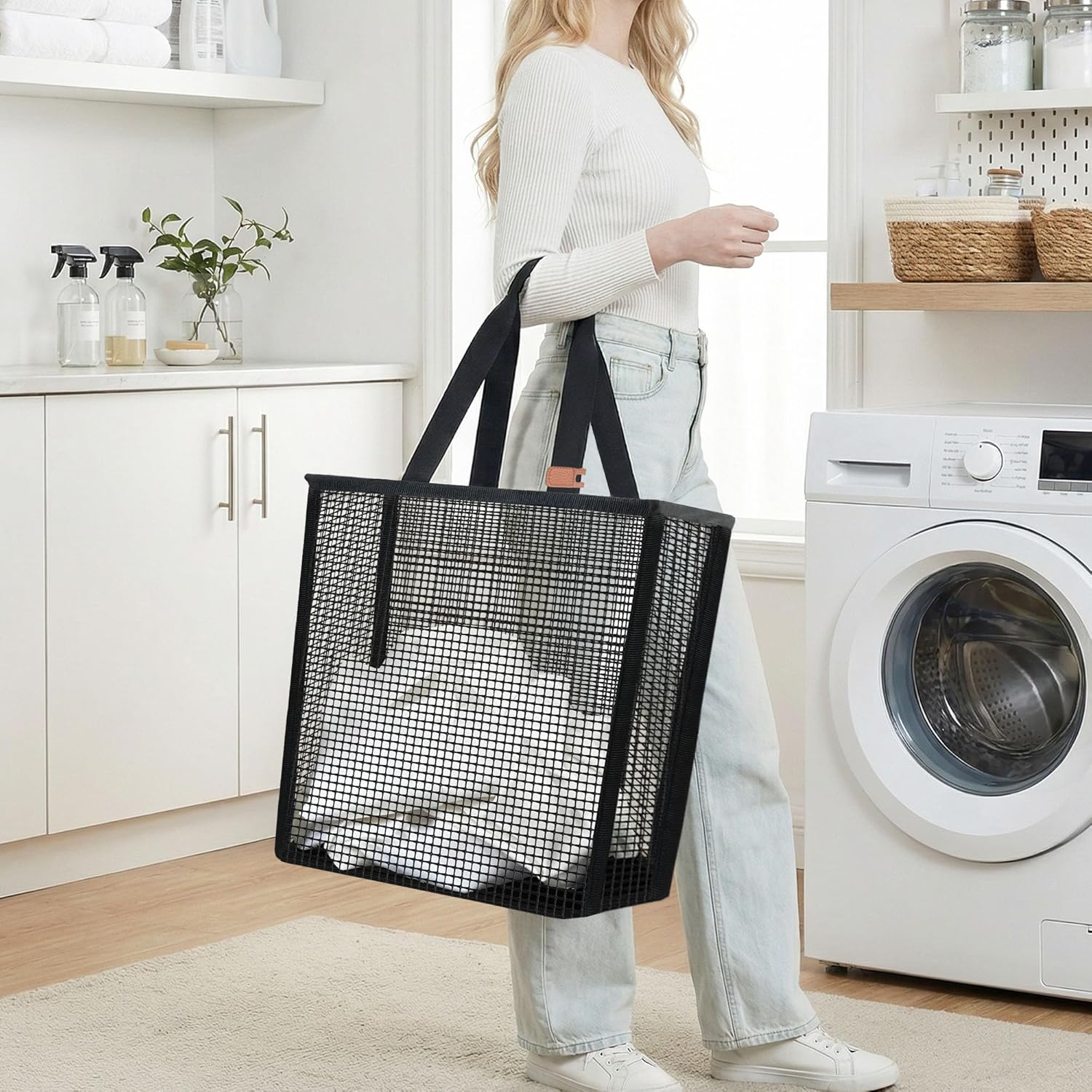 STORAGE MANIAC Collapsible Laundry Basket, 16.9 Gal. Large Pop-up Laundry Hamper with Long Carry Handles, Space-Saving Foldable Clothes Hamper with Bottom Elastic Band, Travel Laundry Bags, Mesh Black