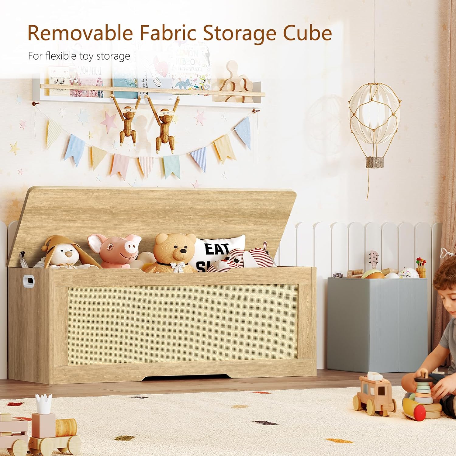 usikey 47.2" Large Storage Chest with Fabric Drawer, Toy Box with Safety Hinges, Extra Wide Storage Bench for Bedroom, Living Room, Entryway, Supports 300 lb