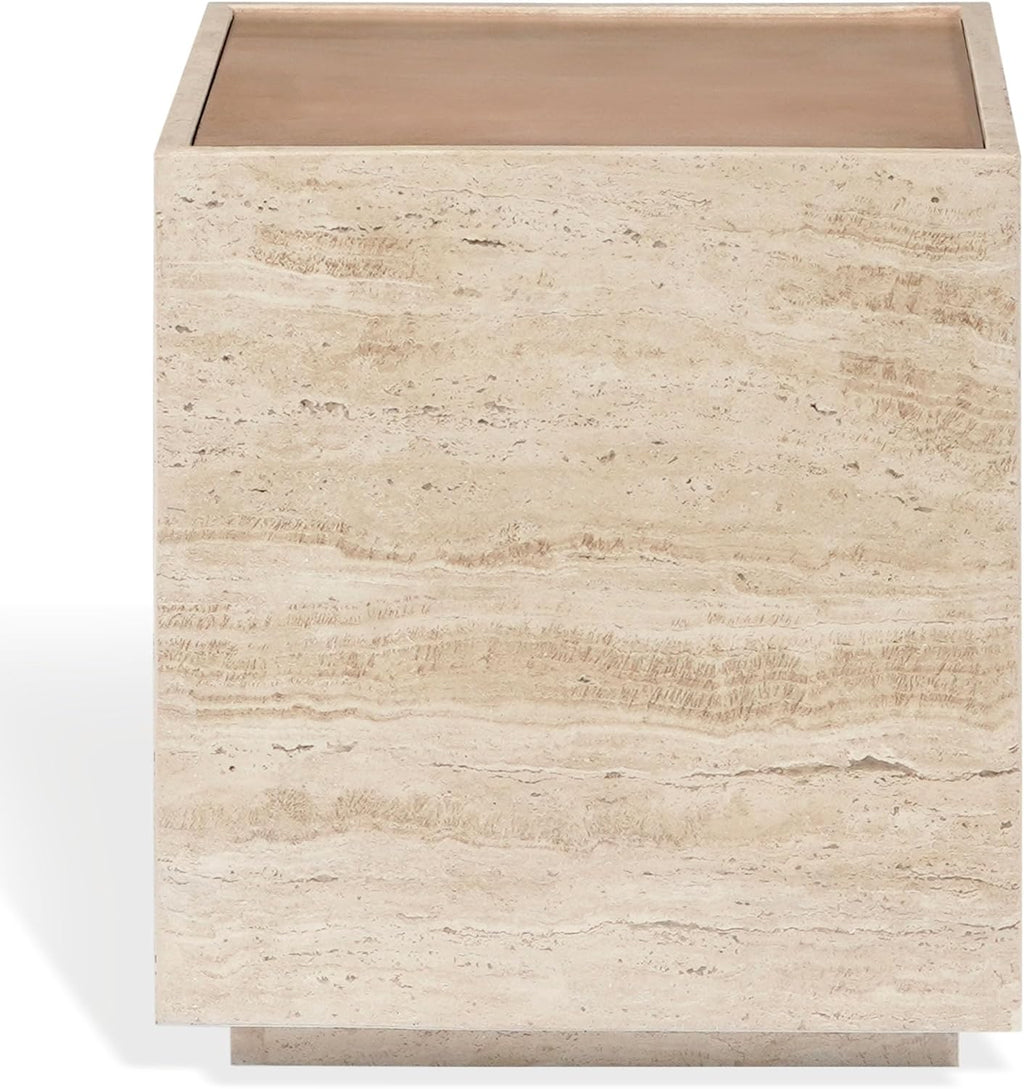 SAFAVIEH Couture - Leslianne Square Accent Table - Natural Solid Wood Top & Travertine - Modern Pillar Design - Fully Assembled for Living Room, Bedroom & Entryway, 16" W x 16" D x 18" H (SFV5779A)