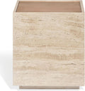 SAFAVIEH Couture - Leslianne Square Accent Table - Natural Solid Wood Top & Travertine - Modern Pillar Design - Fully Assembled for Living Room, Bedroom & Entryway, 16" W x 16" D x 18" H (SFV5779A)