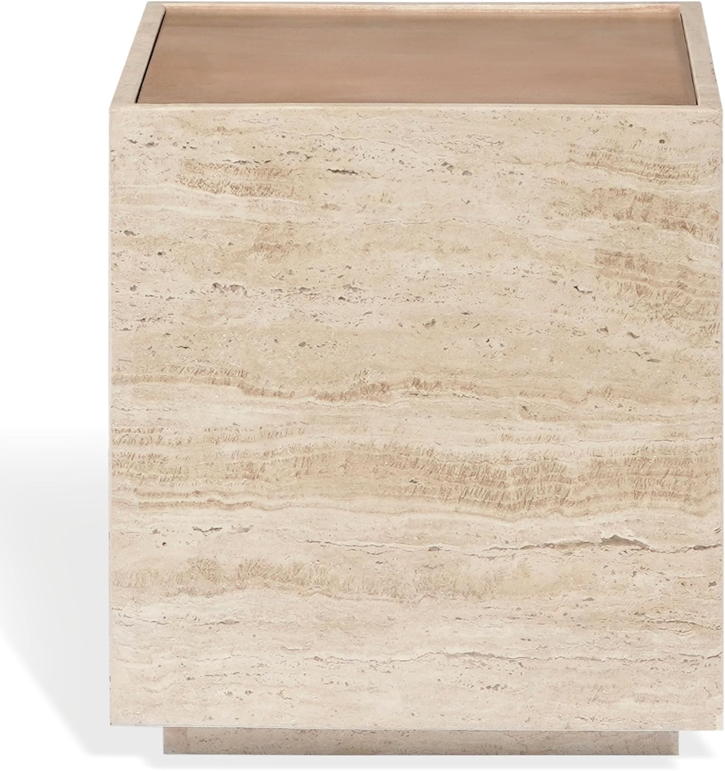 SAFAVIEH Couture - Leslianne Square Accent Table - Natural Solid Wood Top & Travertine - Modern Pillar Design - Fully Assembled for Living Room, Bedroom & Entryway, 16" W x 16" D x 18" H (SFV5779A)
