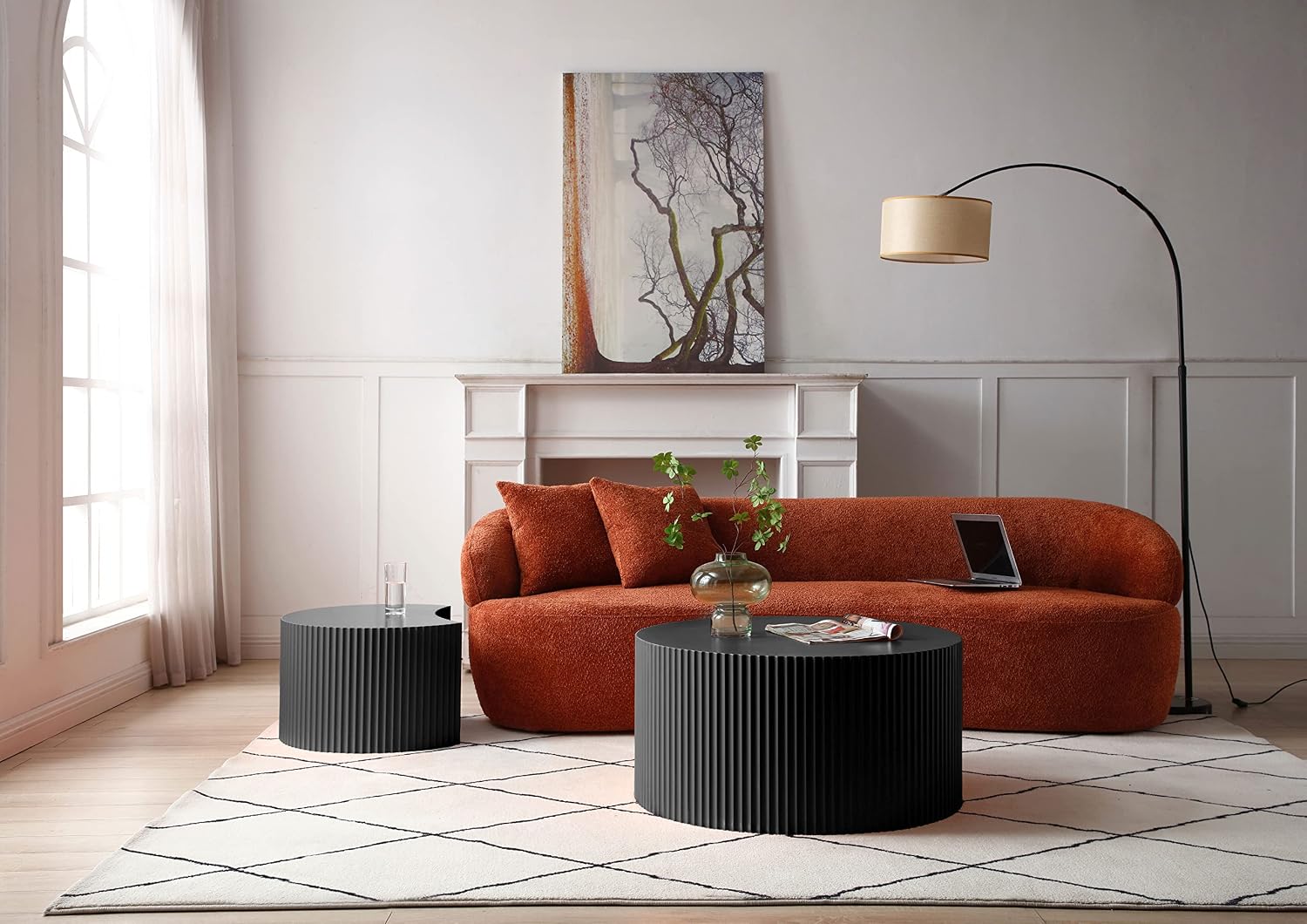 Black Nesting Table Set of 2 Round and Half Moon Shapes,No Need Assembly