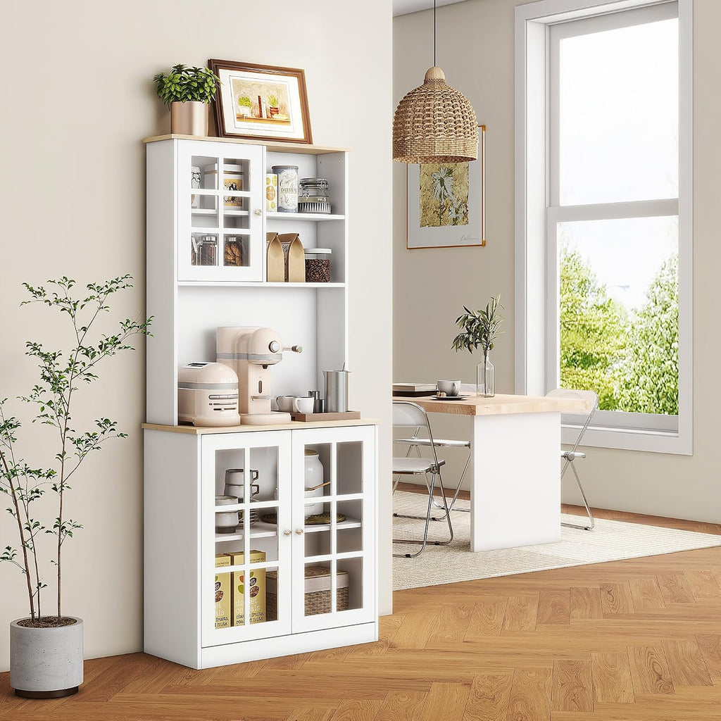31.5"D*14.5"W*72"H Freestanding Kitchen Pantry with 4 Adjustable Shelves, 19"H Top Single Door & 28.5"H Lower French Door, Rectangular Storage Cabinet, for Living Room, Dining Room, White