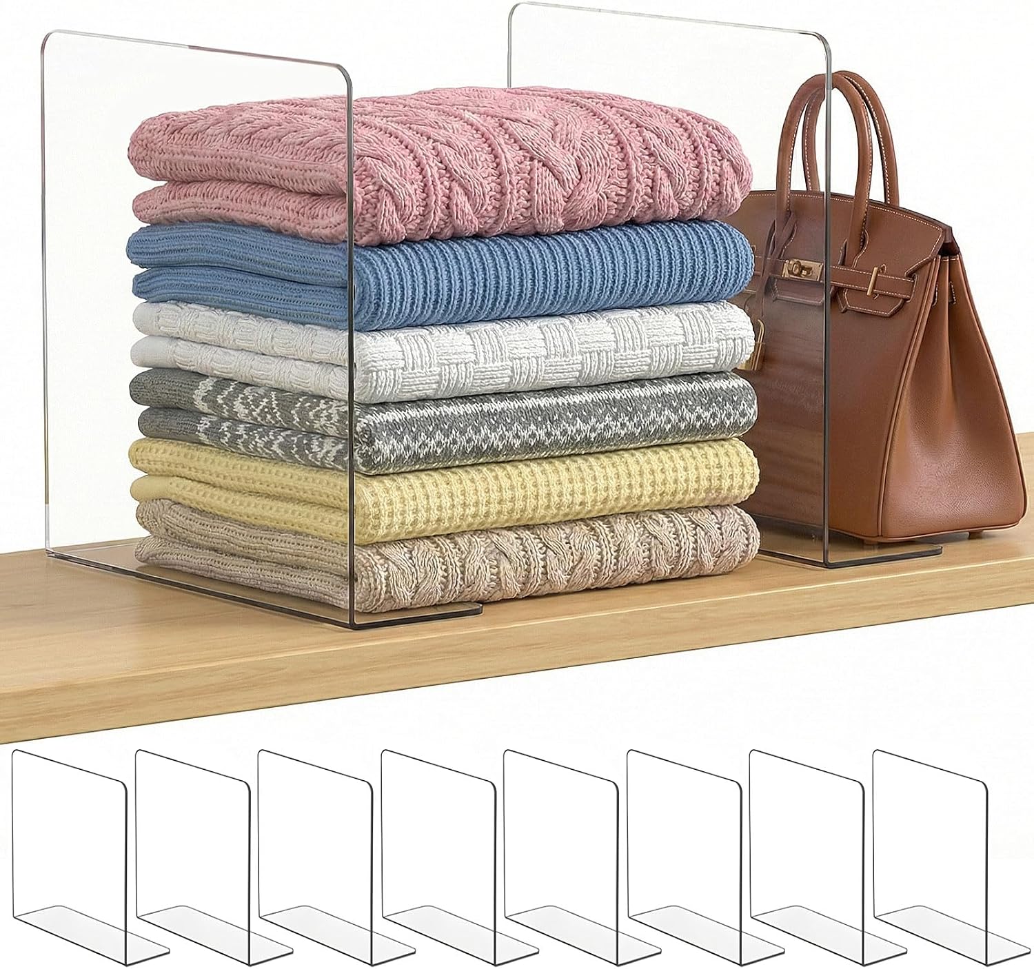 SortNStore Shelf Dividers for Closet Organization: 12" Tall x 12" Deep, Taller Adhesive Separators Features Acrylic Material and Provides Storage for Clothes and Purses in Bedroom Cabinets(8-Pack)