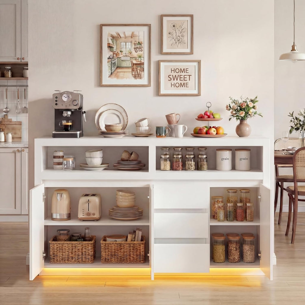 FOTOSOK 63" Sideboard Buffet Cabinet with Storage, Modern Kitchen Buffet Cabinet with Drawer, Kitchen Storage Cabinet with Power Outlet & LED Light, Coffee Bar Cabinet for Kitchen, Living Room, White