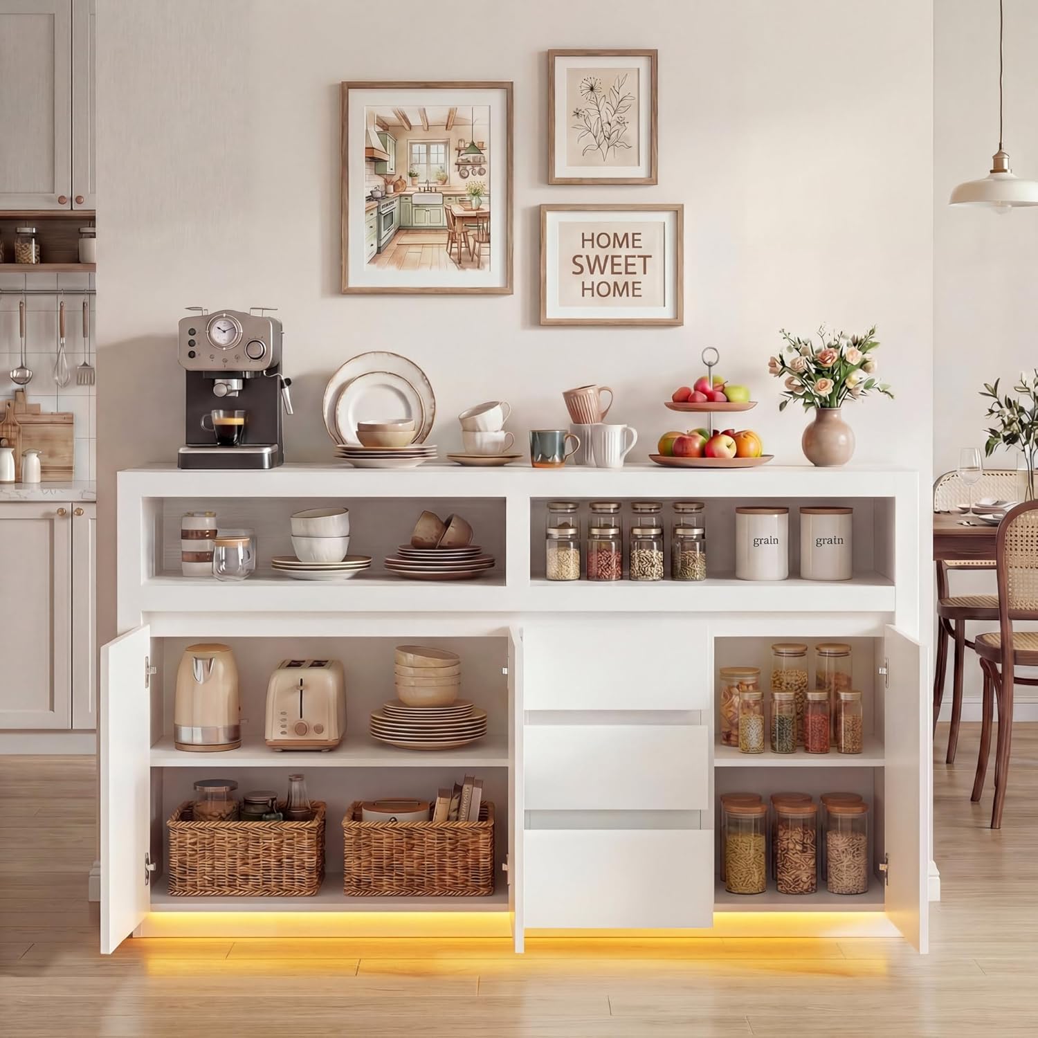 FOTOSOK 63" Sideboard Buffet Cabinet with Storage, Modern Kitchen Buffet Cabinet with Drawer, Kitchen Storage Cabinet with Power Outlet & LED Light, Coffee Bar Cabinet for Kitchen, Living Room, White