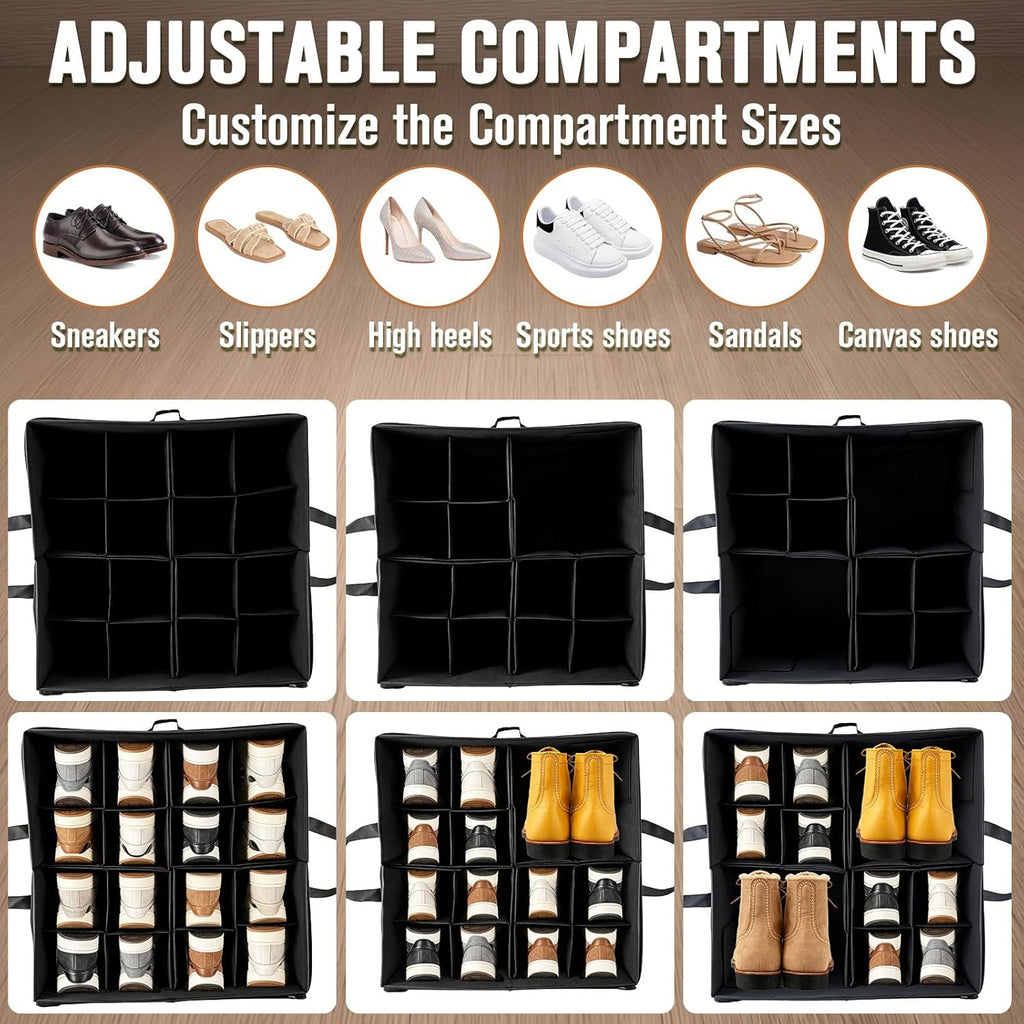 2 Pack Shoe Organizer for Closet, Adjustable Dividers Foldable Shoe Storage Box with Clear Cover, Fits Up to 32 Pairs Large Space Saving Shoe Containers, Reinforced Handles, Black