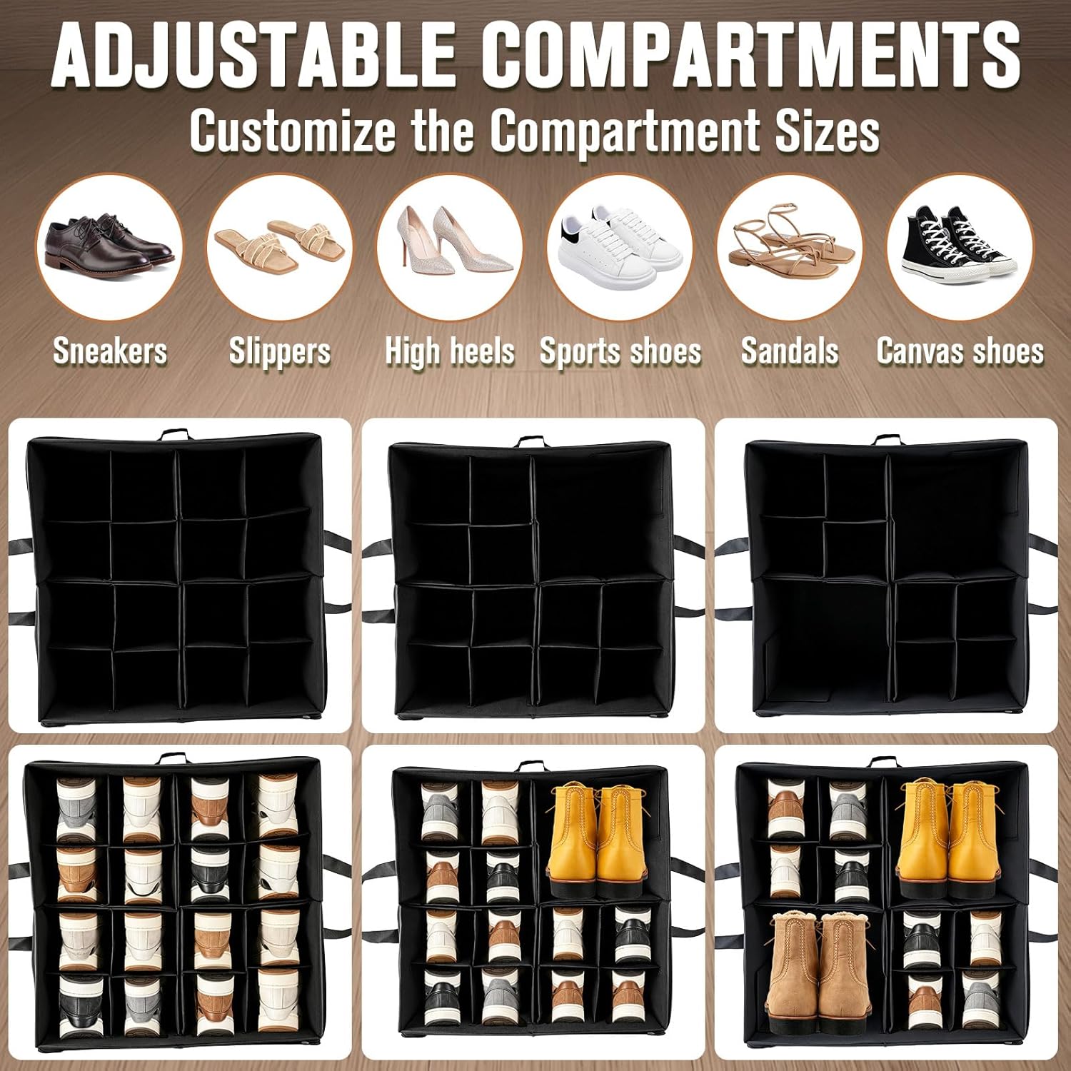 2 Pack Shoe Organizer for Closet, Adjustable Dividers Foldable Shoe Storage Box with Clear Cover, Fits Up to 32 Pairs Large Space Saving Shoe Containers, Reinforced Handles, Black