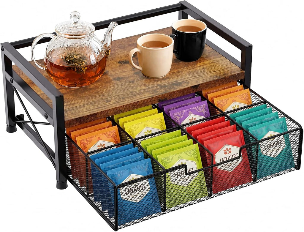 Tea Bag Organizer, Tea Organizers and Storage with 8 Compartments & Drawer, Wooden Metal Tea Bag Holder for Countertop Kitchen Office Tea Station, Rustic Brown