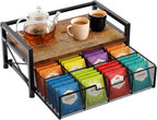 Tea Bag Organizer, Tea Organizers and Storage with 8 Compartments & Drawer, Wooden Metal Tea Bag Holder for Countertop Kitchen Office Tea Station, Rustic Brown
