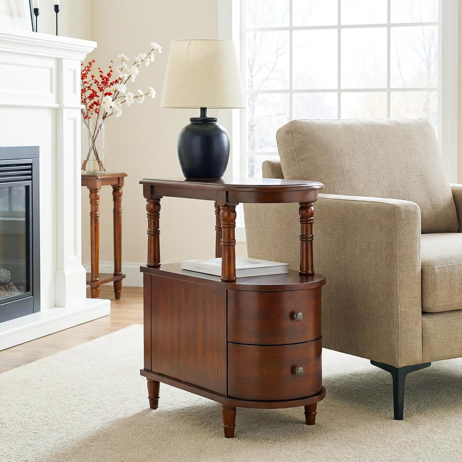 Narrow End Table Set of 2 with 2 Storage Drawers, Vintage Sofa Beside Table, Wood Slim SideTable for Living Room,Saving-space, 23.4“L x 11.4"W x 25.3"H, No-Tools Assembly, Cherry Walnut BG-A508-CY