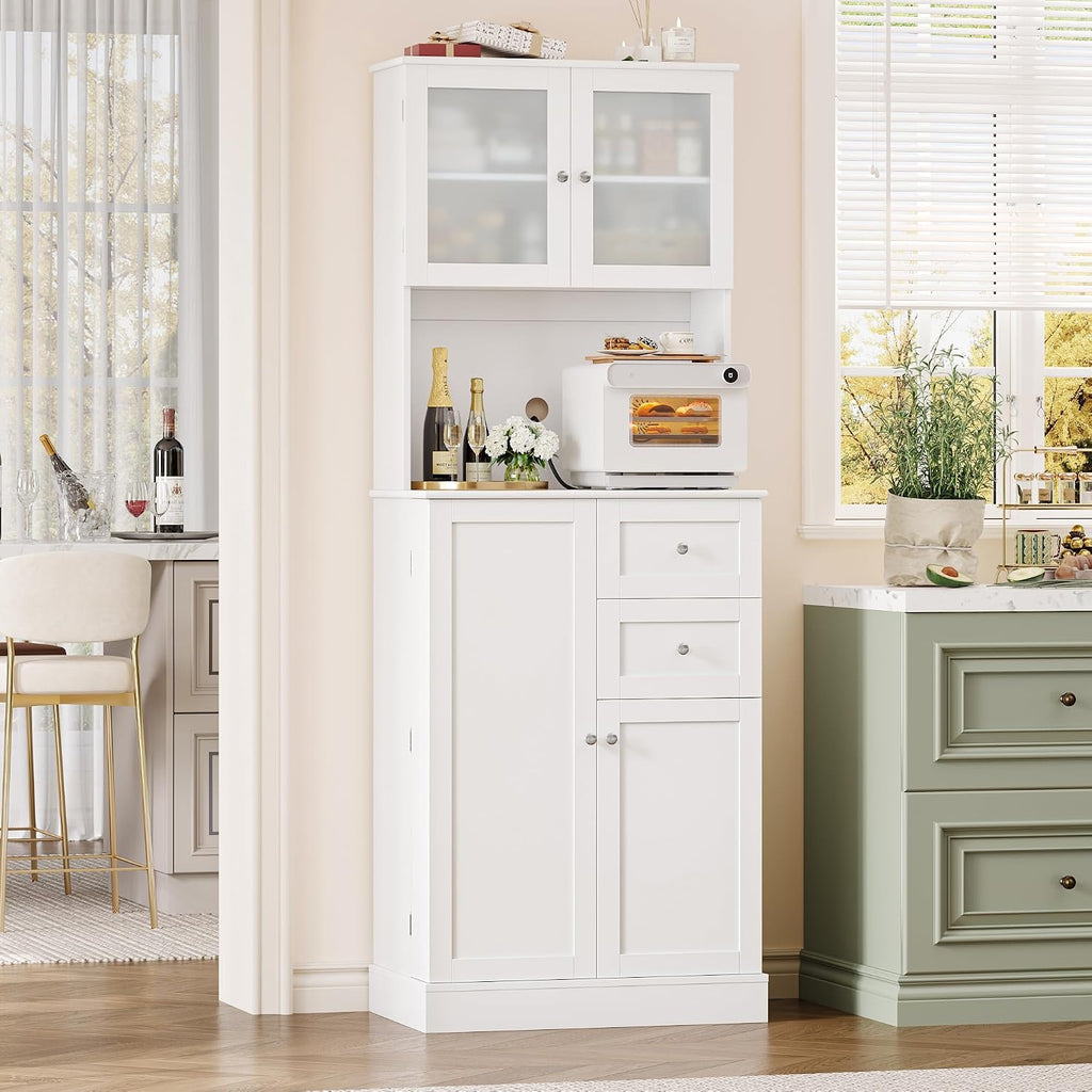 BOTLOG 72" Tall Kitchen Pantry Storage Cabinet, Kitchen Hutch Cabinet with Doors and Shelves, Modern Food Pantry with 2 Drawers for Dining Room, Living Room, White