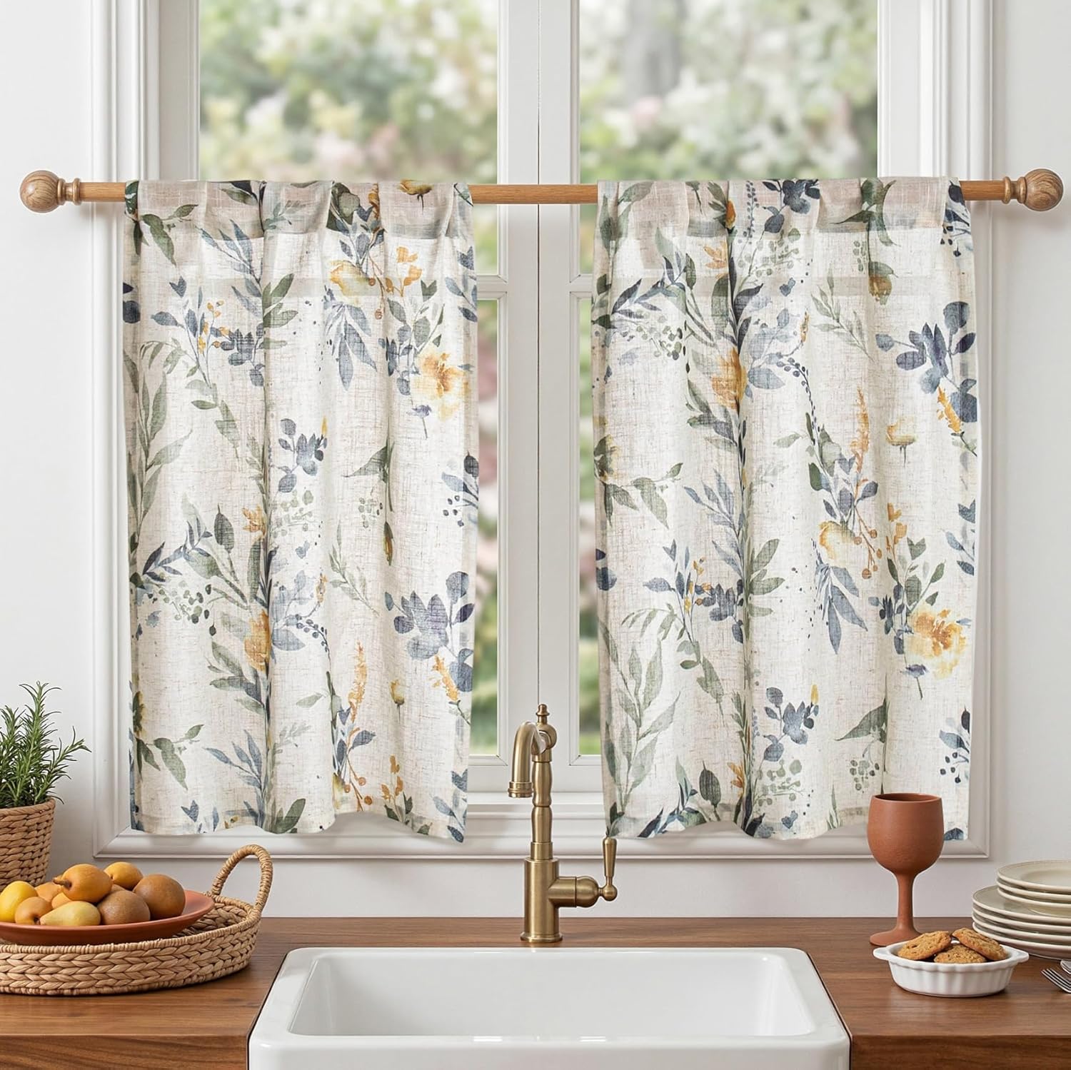 MYSKY HOME Floral Kitchen Curtains 24 Inch Length Linen Tier Curtains Farmhouse Blue Flower Patterned Small Window Treatments Airy Light Filtering Rod Pocket for Bathroom 2 Panels, Each 26" W