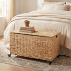 Wonderjune 36 x 20 x 18.5 Inch Rolling Wicker Storage Basket with Lid and Locking Wheels, Water Hyacinth Storage Trunk, Heavy Duty Metal Frame Woven Blanket for Seasonal Clothes Laundry Room, Bedroom